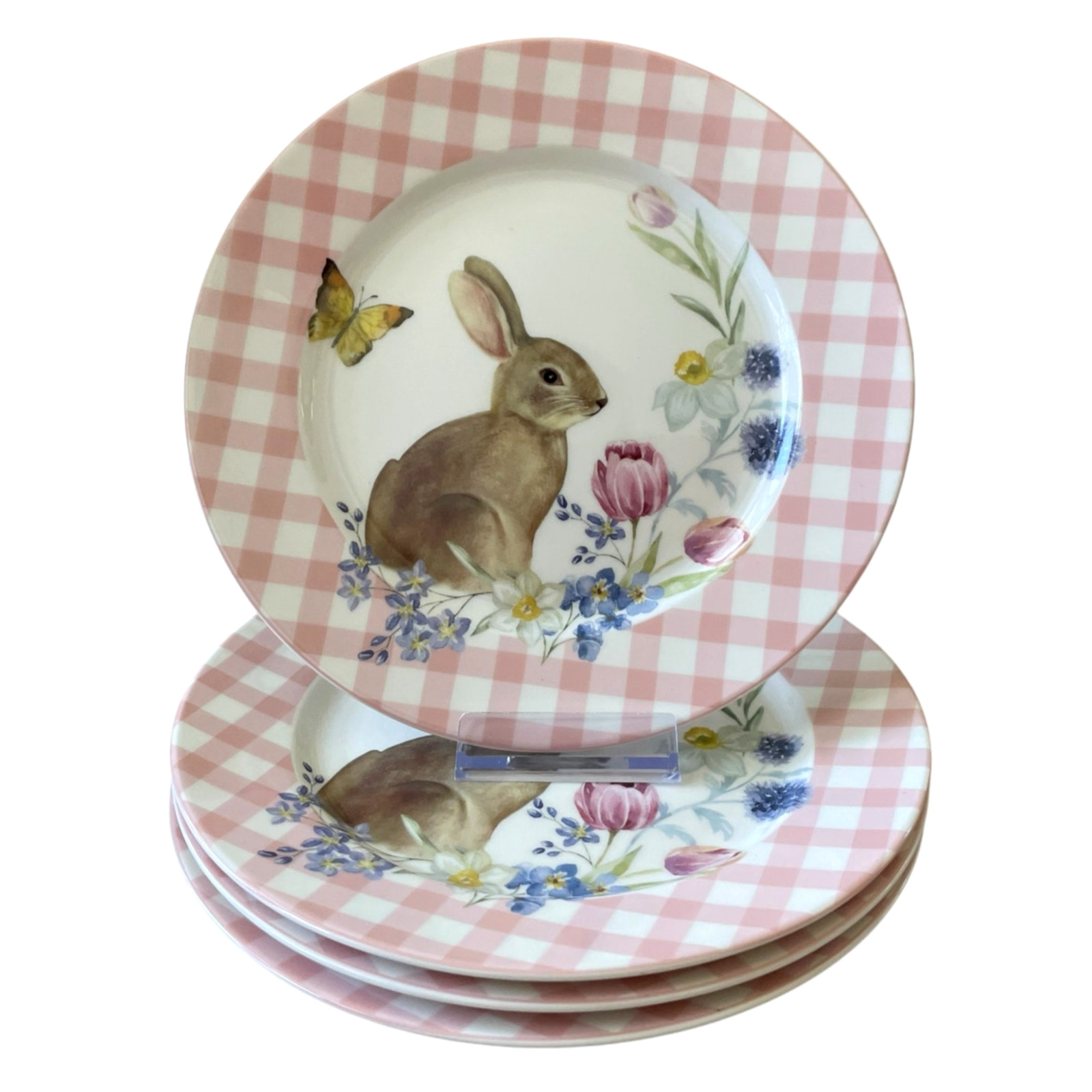 Grace Teaware Bunny Floral Pink Gingham 8in Side Salad Plates Set of 4 NEW