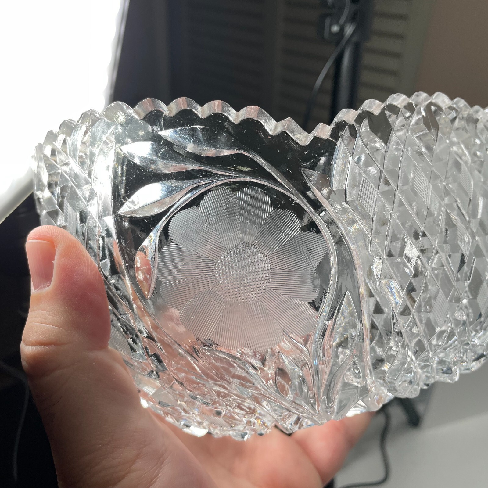 Brilliant Cut Glass Oval Bowl -Floral – 8 in. x 5.75 in. x 4.75 in. Sawtooth Rim