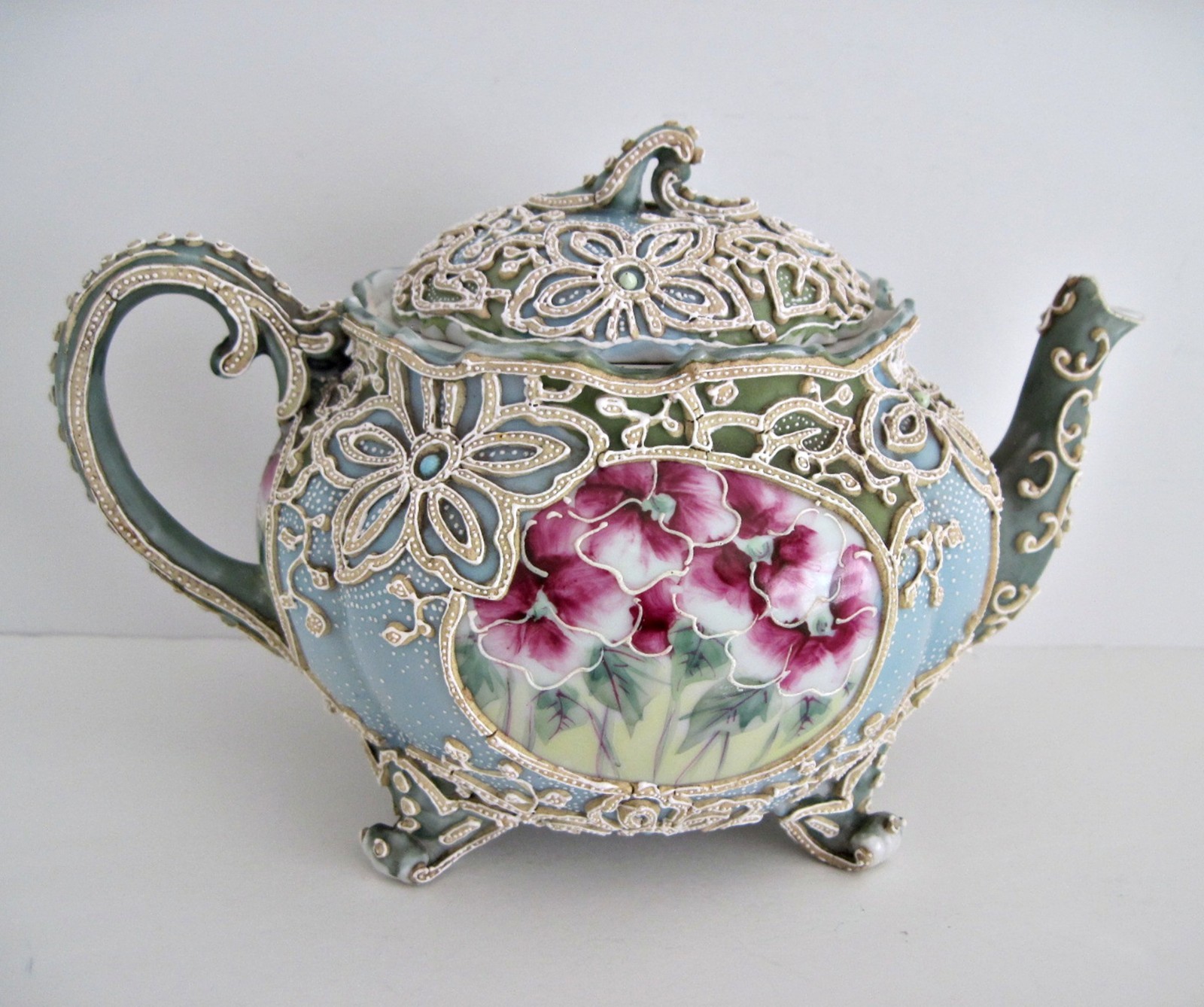 Antique Nippon Moriage Teapot Green Blue With Hand Painted Flowers READ