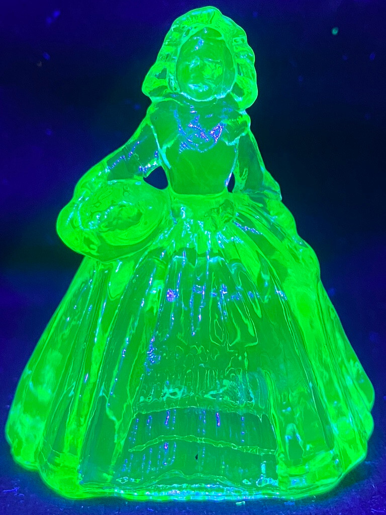 Green Vaseline uranium glass girl doll candy container woman Elizabeth Blue glow