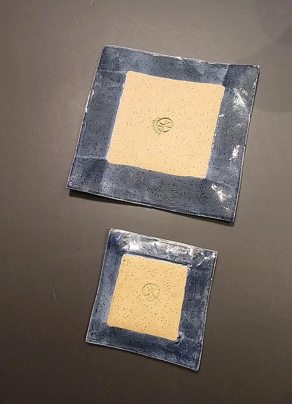 2 Studio Pottery Square Plates Hand Thrown Blue Tan Clay Stamped/Signed 9”, 5.6″