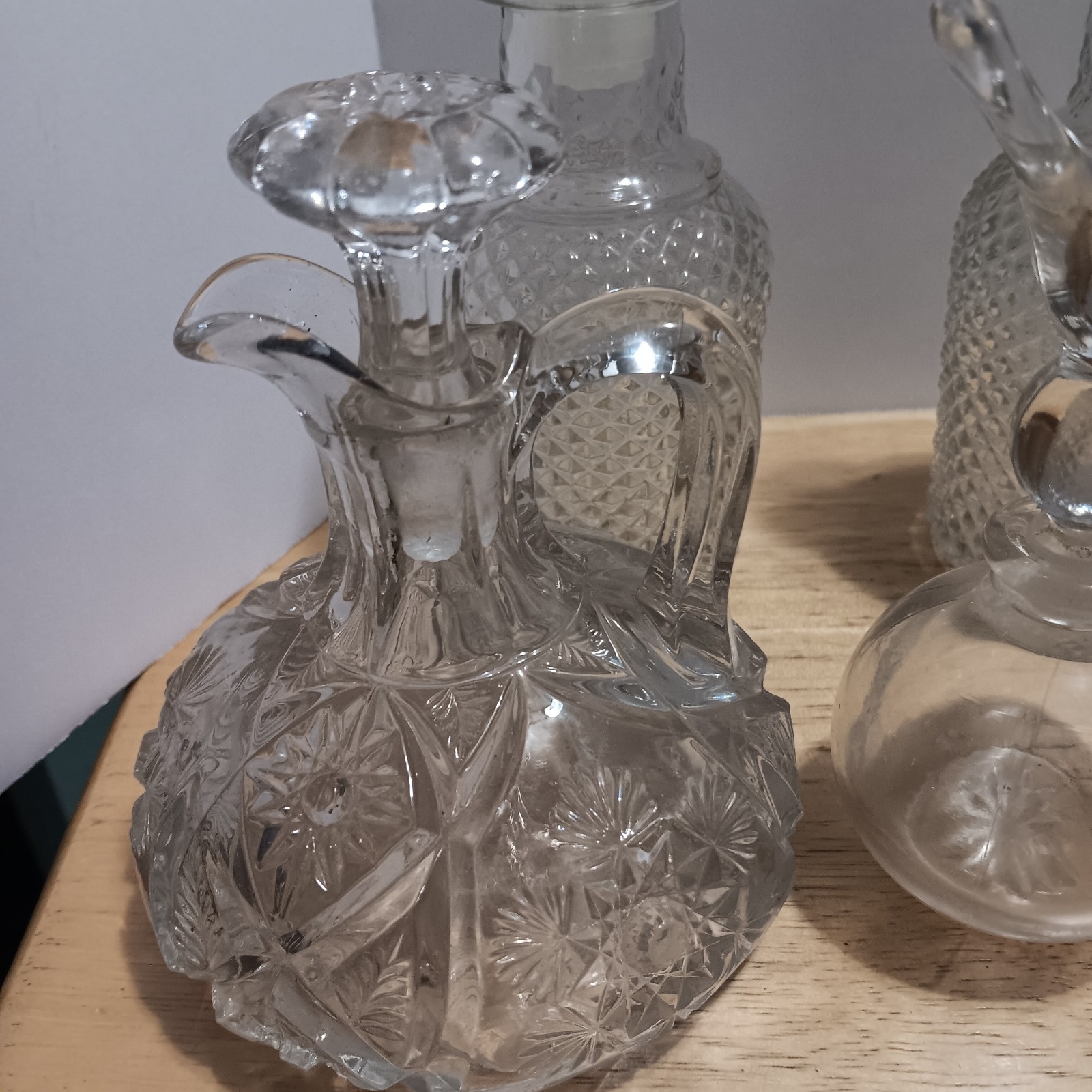 Lot of 9 Vintage Antique Glass Cruets & Decanters with Stoppers Mixed Patterns