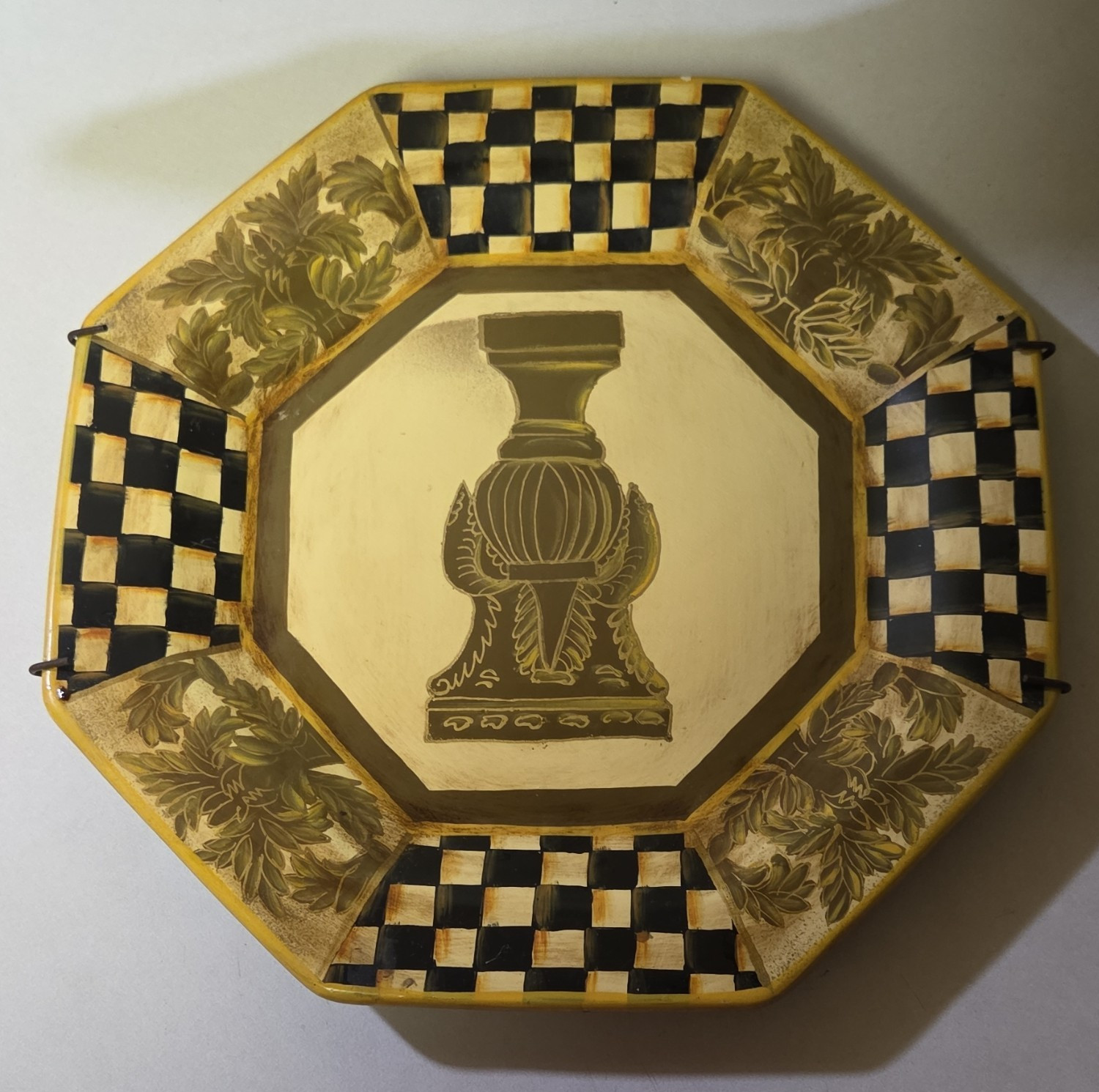 Octagonal Ceramic Decorative Plate Checkerboard Border Vase Floral Black Beige