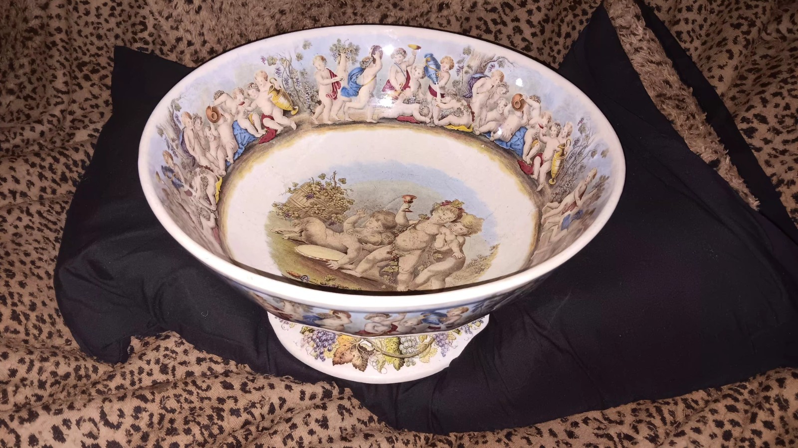 Huge Victorian Ironstone Punch Bowl Bachus Satyr Fawn And Puttis Neoclassical