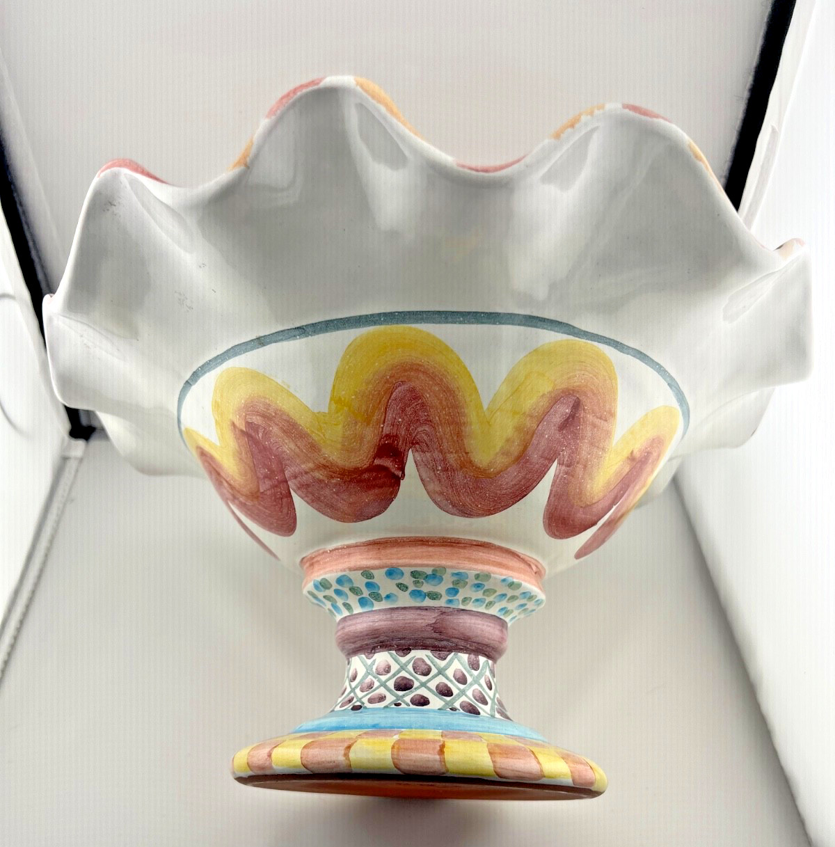 Vintage MacKenzie Childs Keukenhof Taylor Fluted Pedestal Compote Bowl