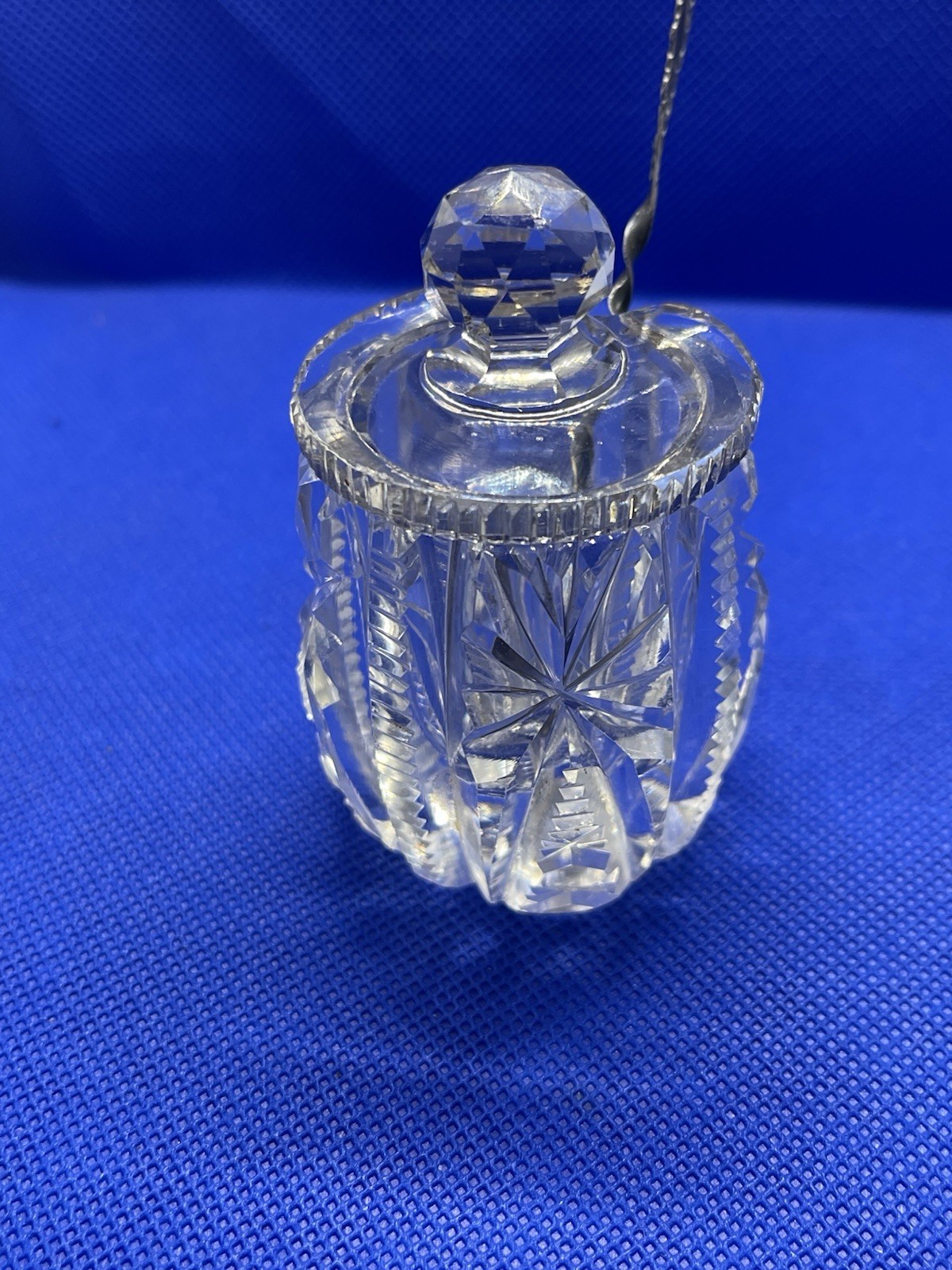 Vintage Cut Crystal Condiment Jar w/ Lid & Sterling Silver Spoon