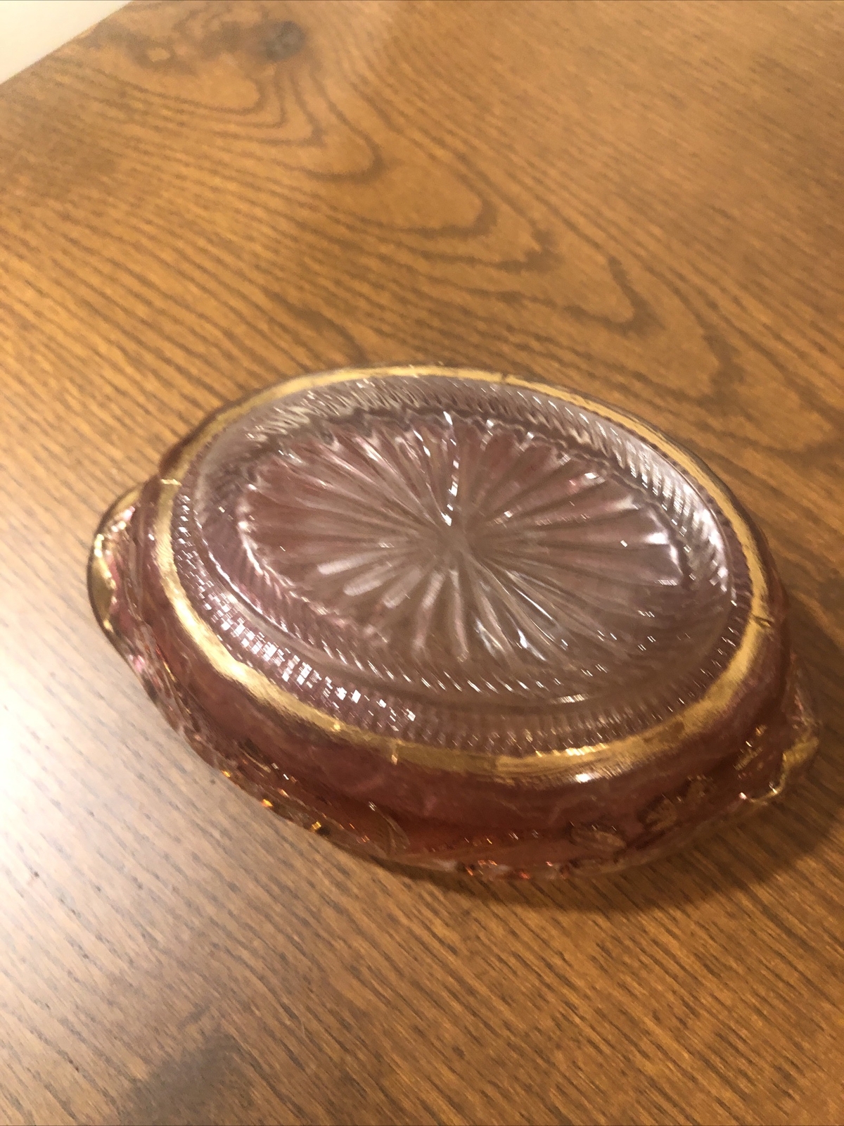 Vintage Purple Glass Bowl Floral Design with Gold Accents Oblong 5 1/2 Inches