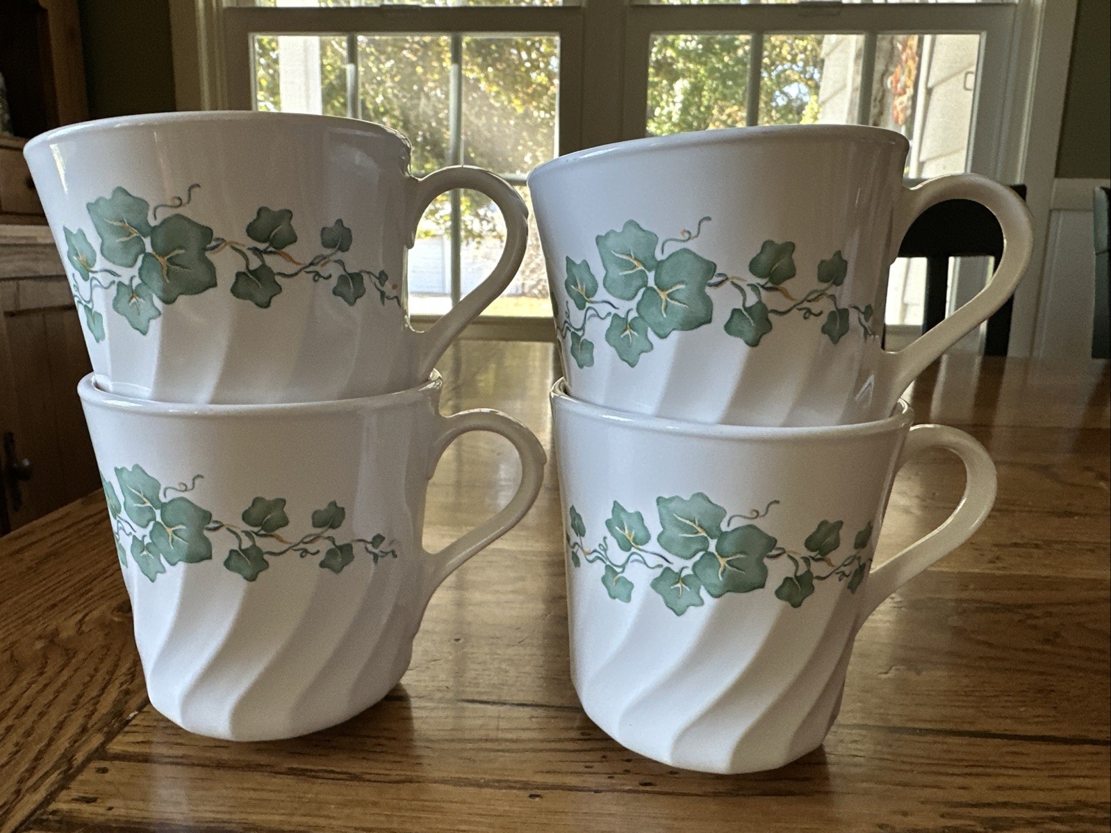 Vintage Corning Corelle CALLAWAY IVY Swirl Green Coffee Tea Cups Mugs Set of 4