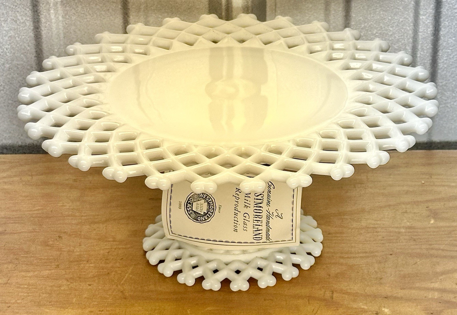 Westmoreland Milk Glass Round Lattice Cake Stand 1890 11 FTD Cake Salver NOS MIB