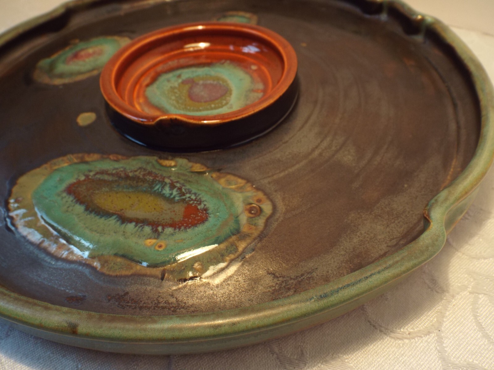 Pottery Chip & Dip Platter Glazed Artisan Made Signed Fused Glass Spots Unique