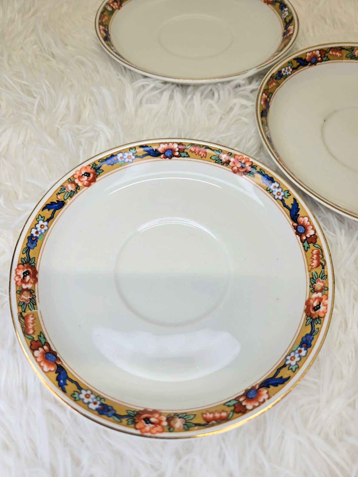 Set of 5 Vintage Johnson Bros England JB17 saucer plates rust blue floral gold