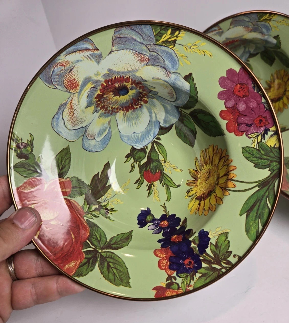 MacKenzie Childs Green Flower Market 7.75″ Enamel Single Bowl Retired