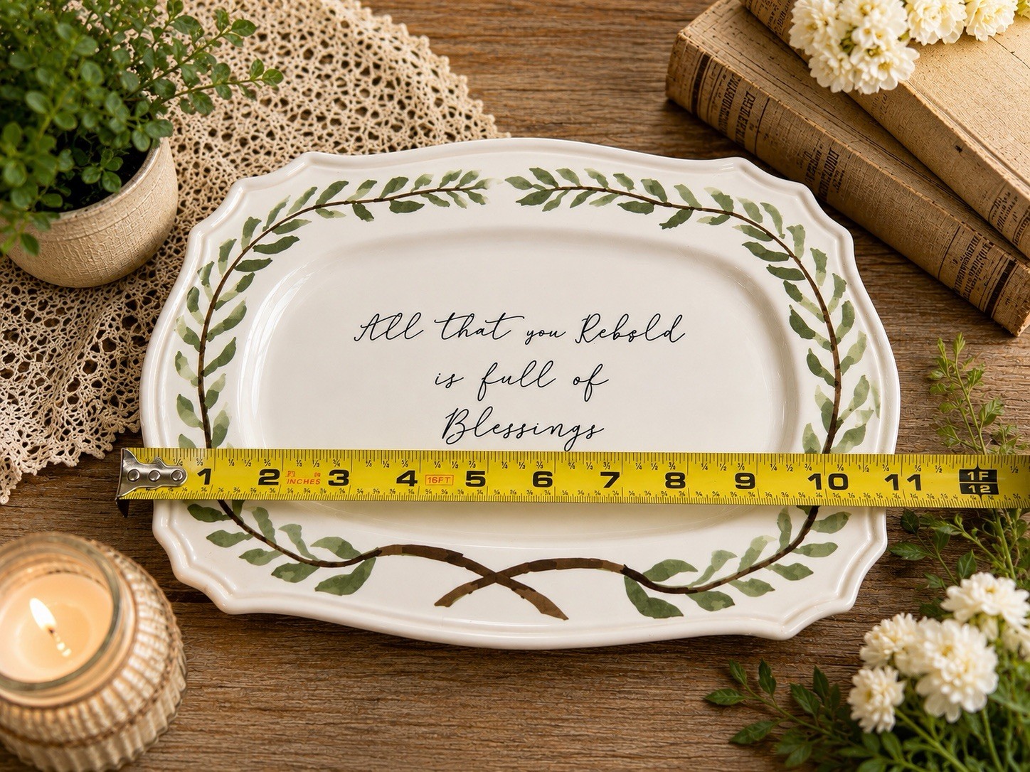 Mud Pie Ceramic Platter Botanical Leaf Border Glossy Decorative 12 in