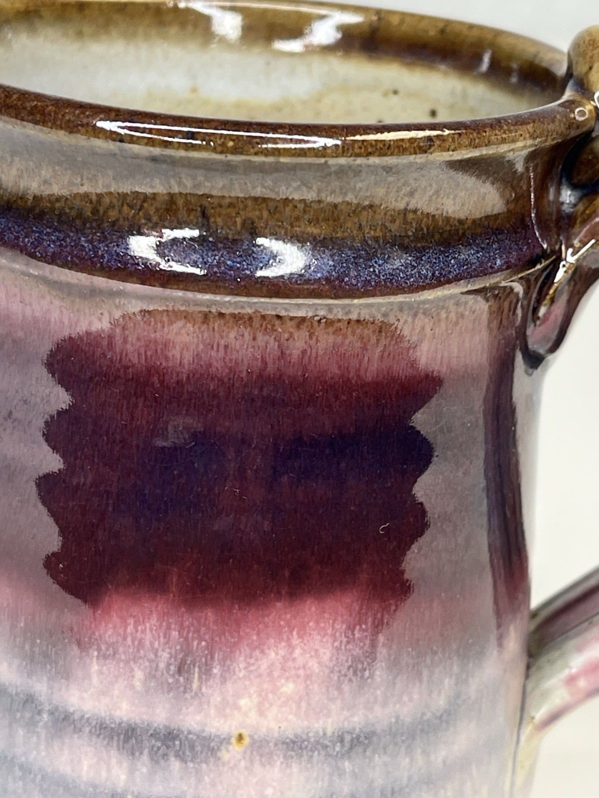 Nichols Pottery Stoneware Mug Variegated Drip Glaze Red Ivory Brown Thumb Rest