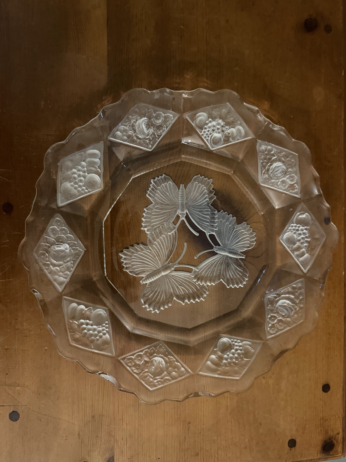 Clear Pressed Glass Round Decorative Plate, Grape & Leaf Pattern