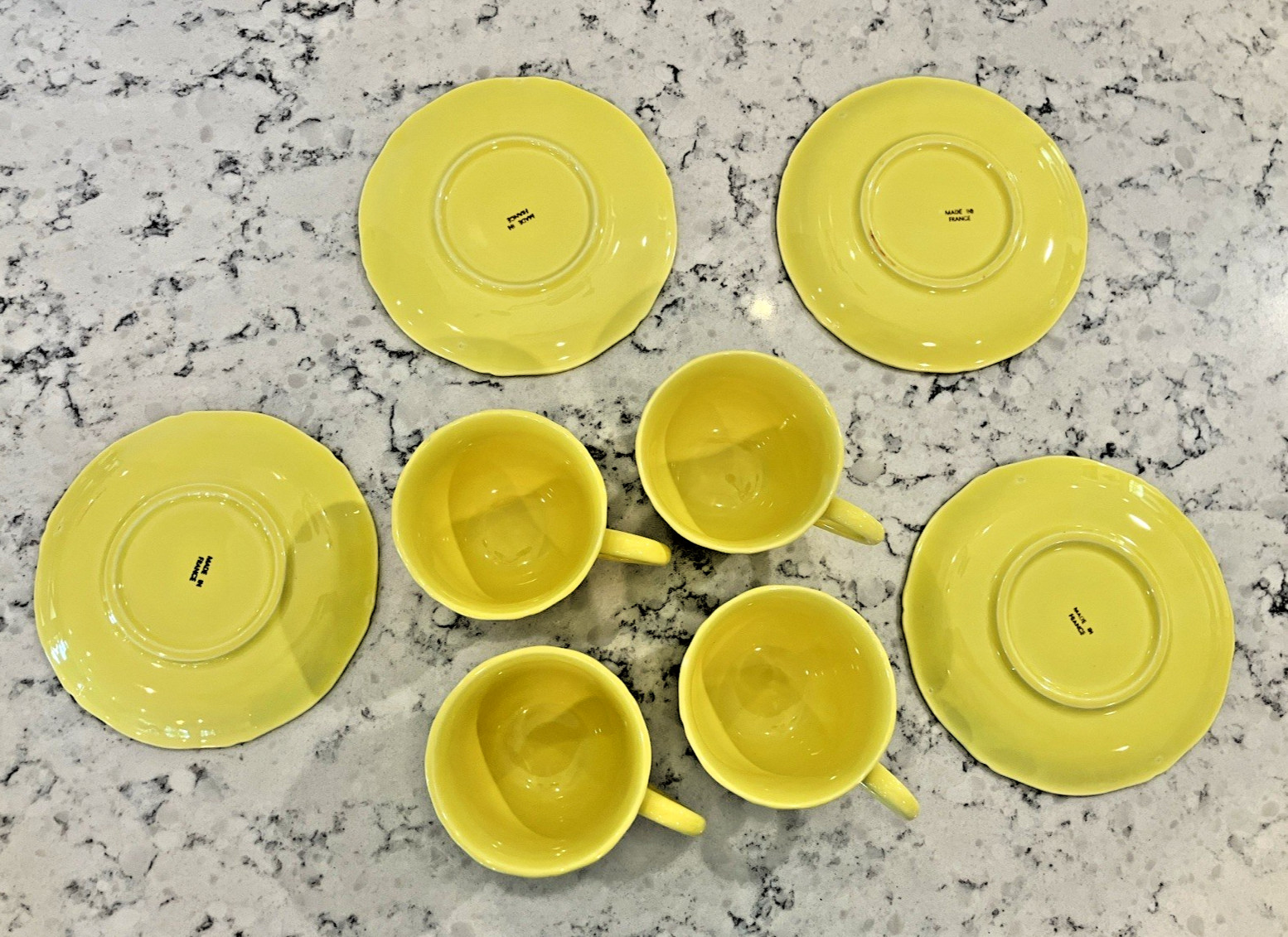 Vintage Bon Vivant Faience Yellow Hobnail 4 cups & 4 Saucers Set France Tea