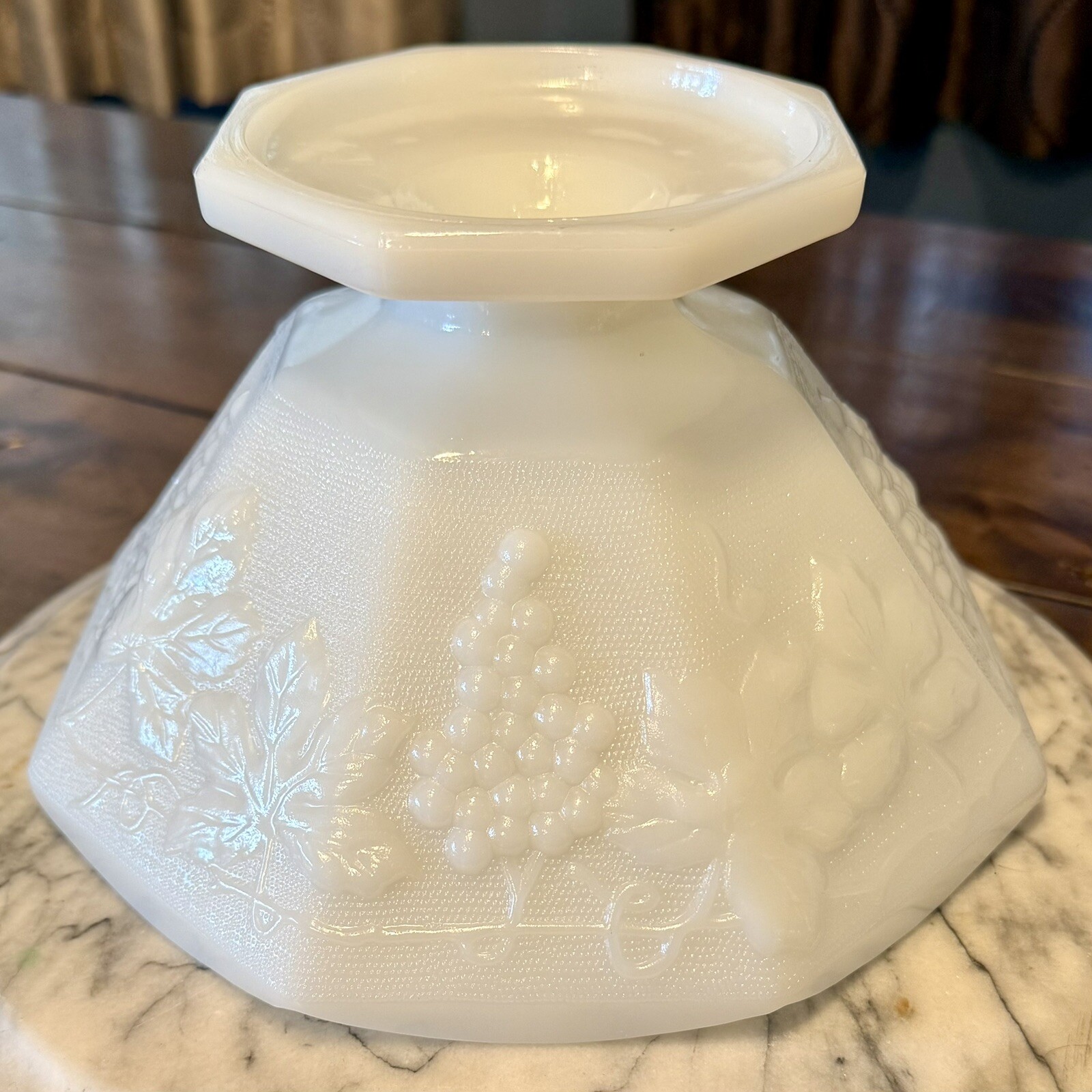VTG 50s MCM White Milk Glass Pedestal Fruit Punch Bowl Grape Vine Leaf Pattern