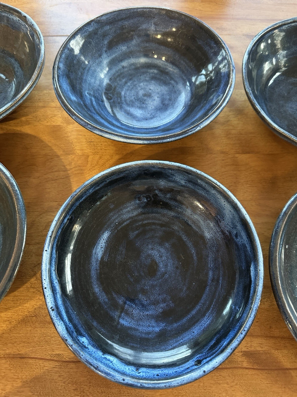 Set 6 Signed Hand Thrown Stoneware Blue Glaze Pottery Bowls 8” Approximately