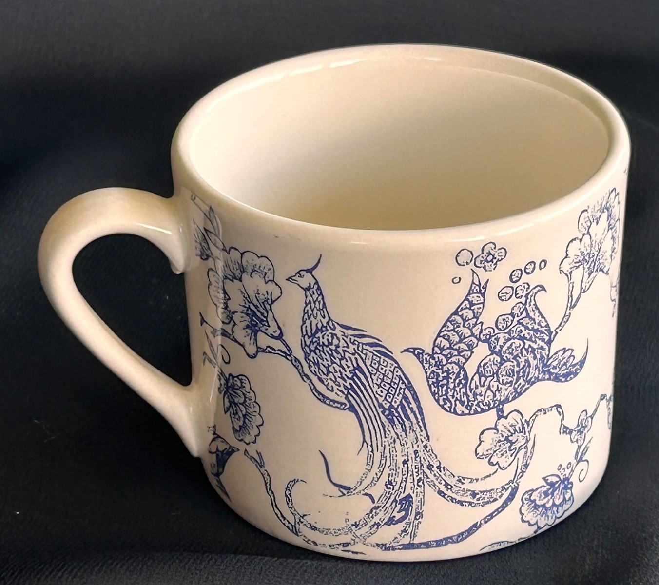 Staffordshire Engravings Flat Coffee Mug Cup BIRD OF PARADISE Blue White China