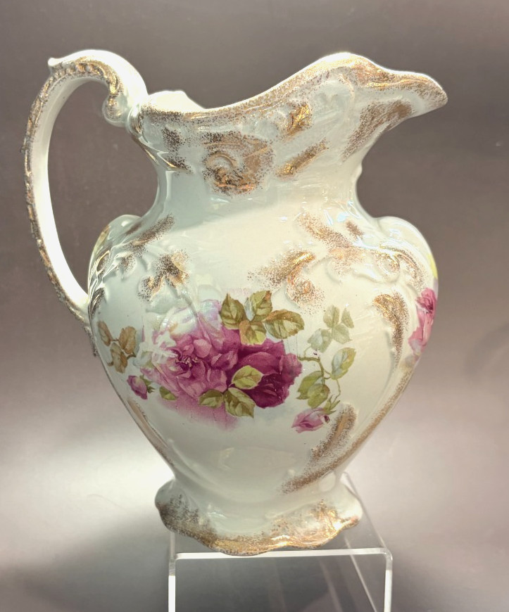 Antique J&G Meakin Hanley England Ironstone Washstand Pitcher Rose Floral Gilt