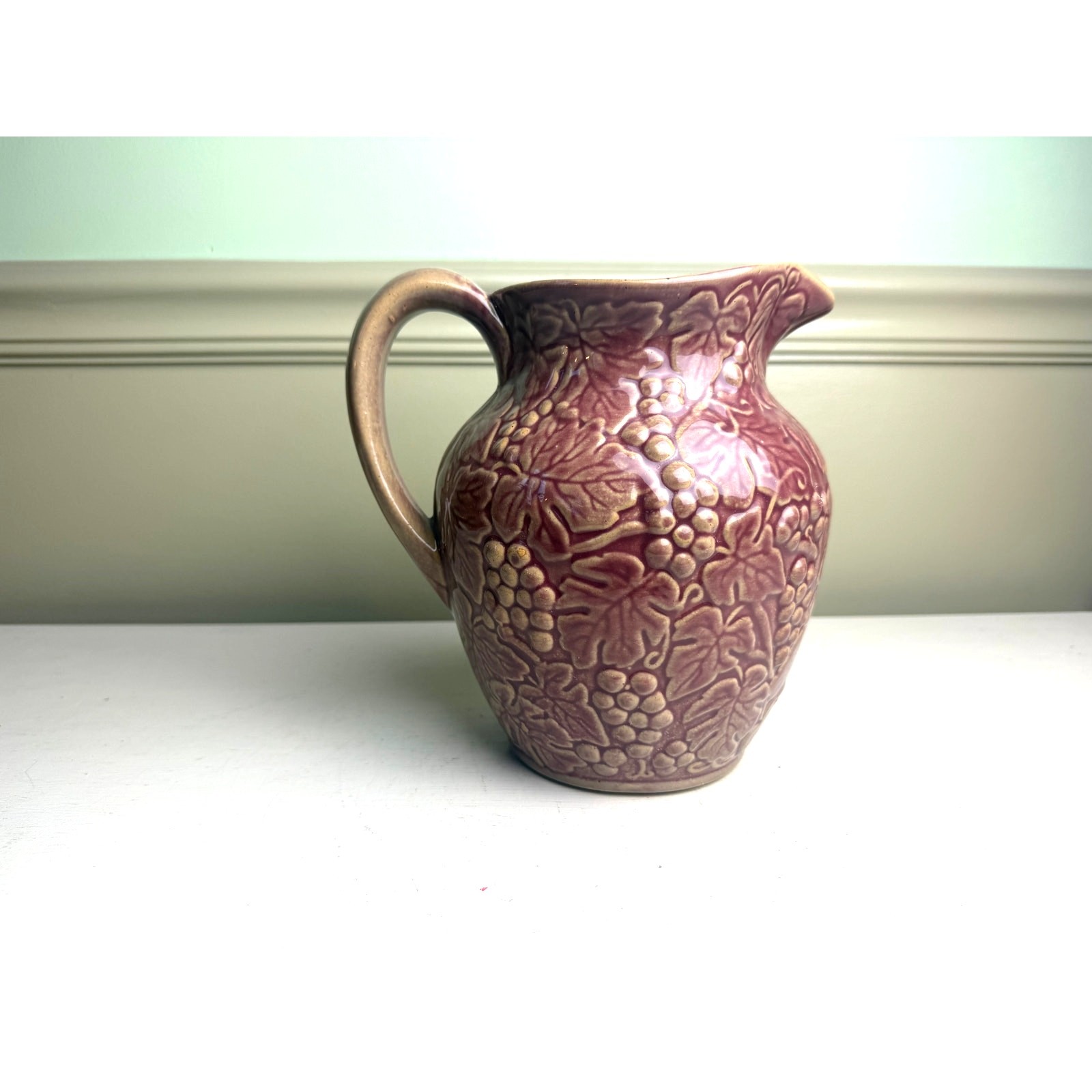 8″ Large Antique UHL Pottery Grapevine Pitcher Rare Mauve Purple Stoneware Vase