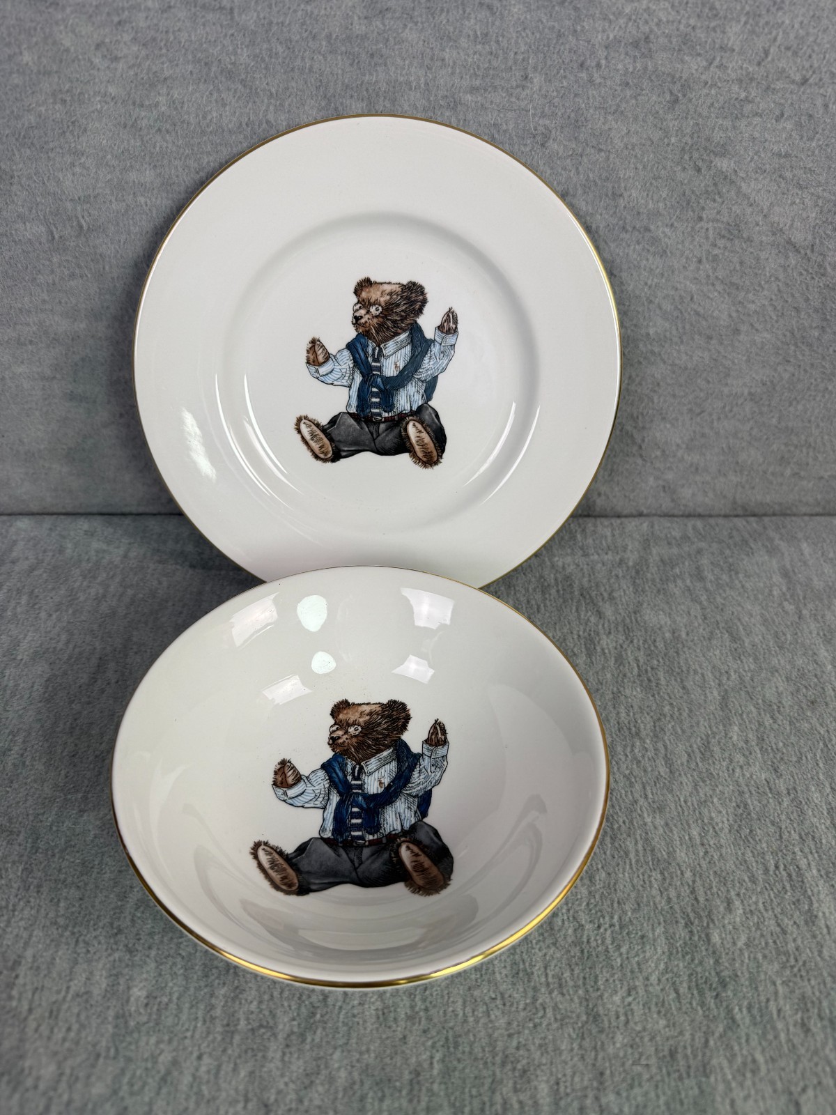 Ralph Lauren Wedgwood Polo Bear Bowl & Salad Plate 1992 Gold Rims