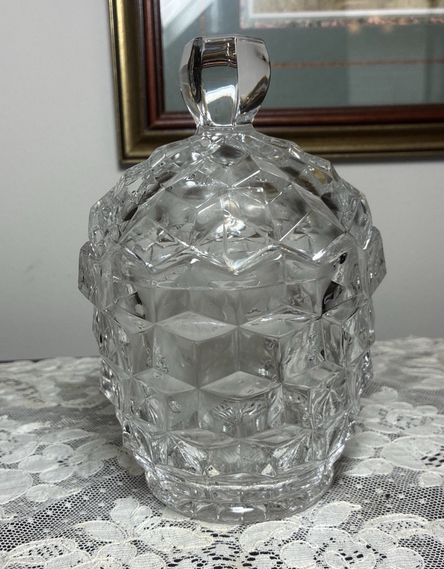 FOSTORIA AMERICAN ROUND COVERED SUGAR BARREL CANDY DISH