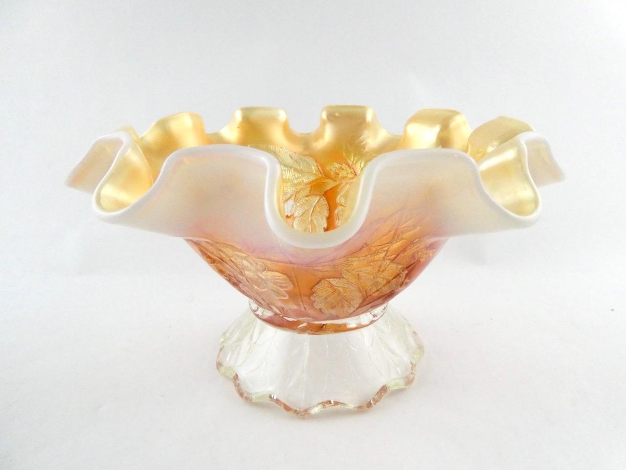 Vintage Dugan Dogwood Sprays Marigold Opalescent Carnival Glass Footed Bowl