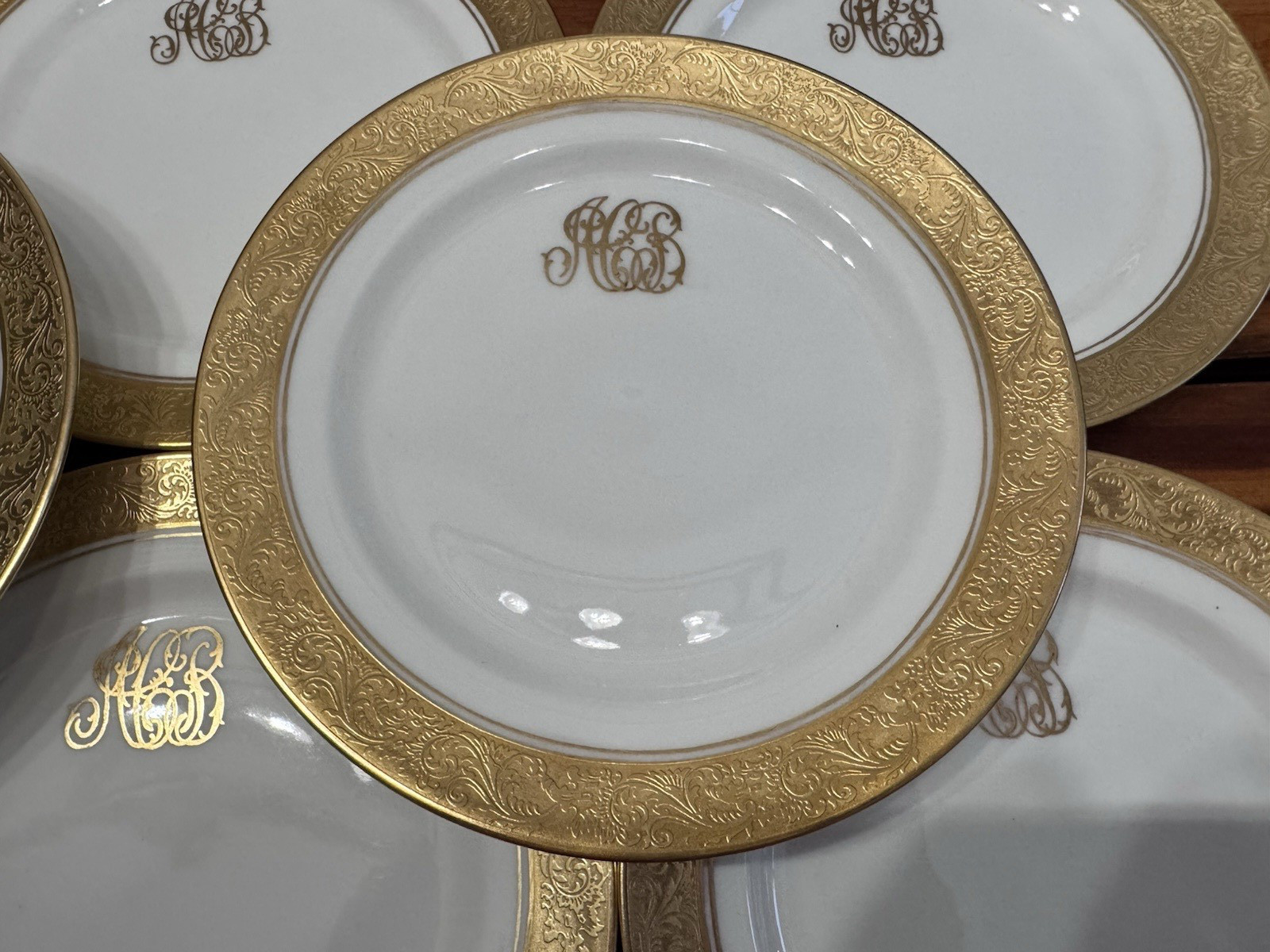 8pcs Antique Limoges P&P Gold Encrusted Monogram Salad Plates 7.5″- France, MINT