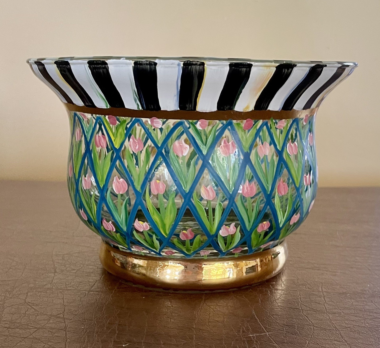 Vintage MacKenzie Childs “Circus” Tulip Shape Hand Painted 8” Glass Bowl 1983