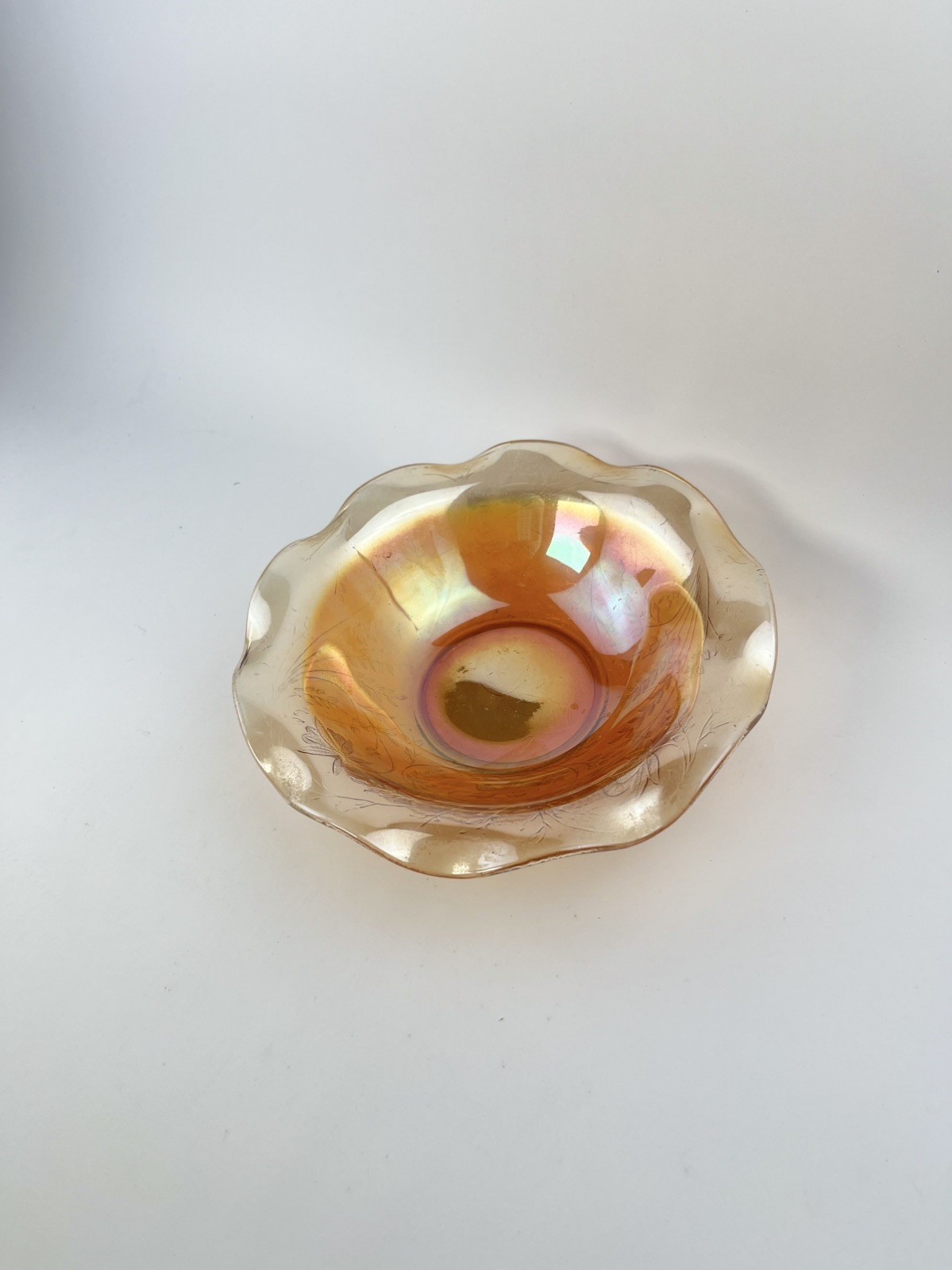 Vintage Marigold Carnival Glass Bowl Ruffled Edge Iridescent Floral 9.5″