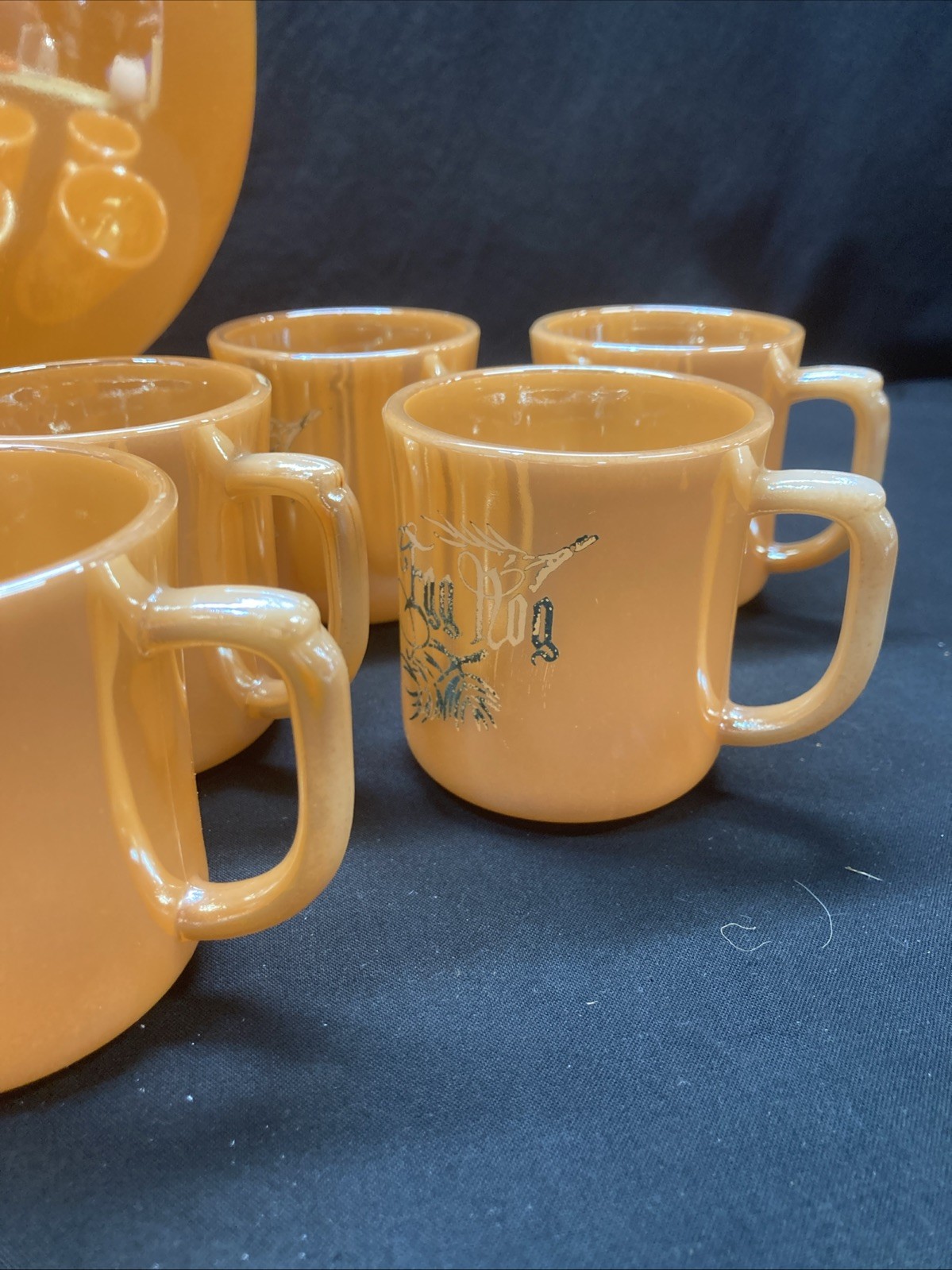 eggnog punch bowl set vintage Tom & Jerry Peach Luster Fire King W/stand 12 Cups