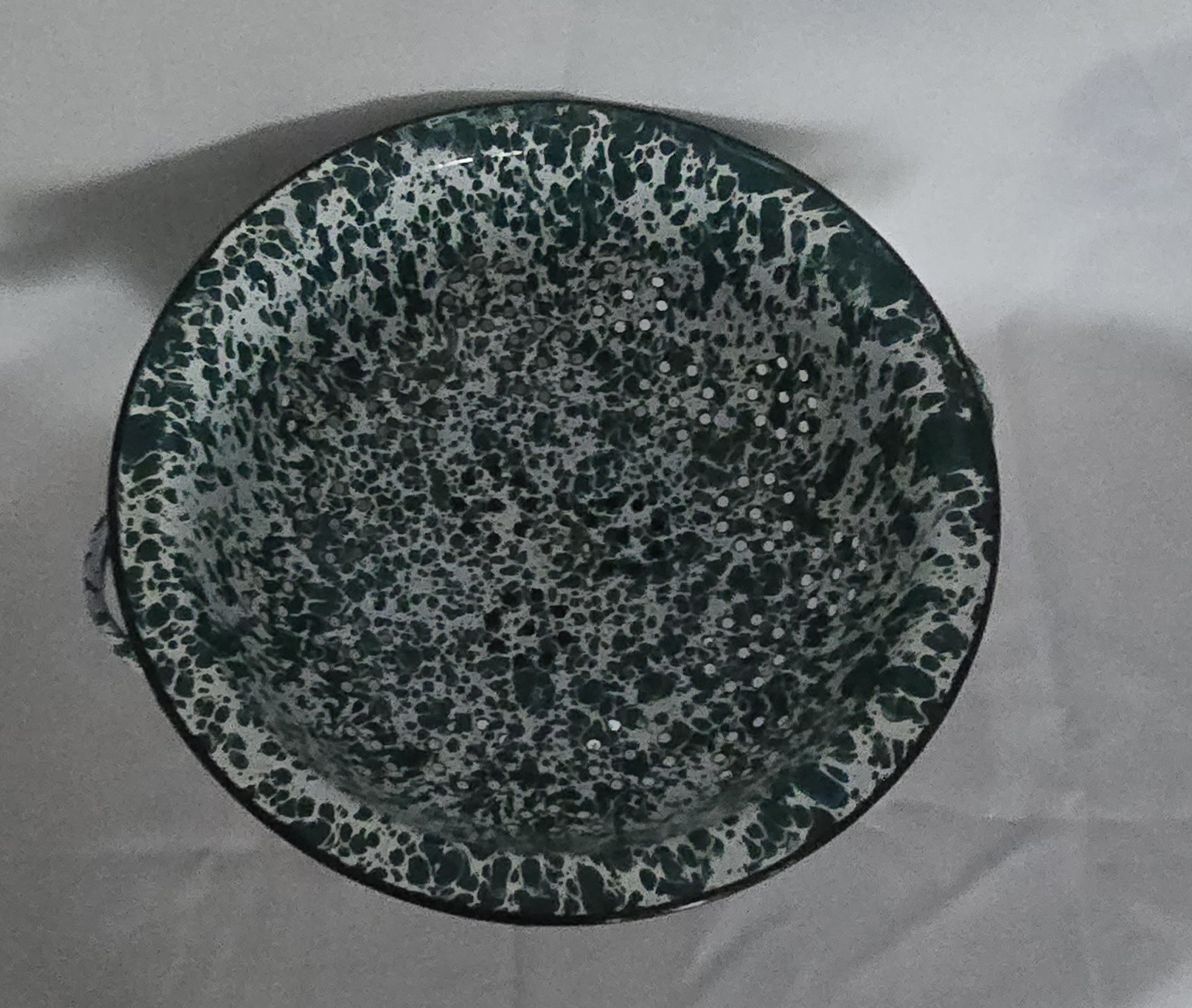 Vintage Enamelware Dark Green Splatter Medium Colander 9″