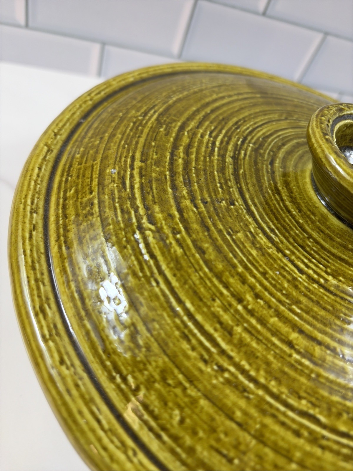 Vintage USA Olive Green Casserole Dish Bowl Lid Pottery Stoneware; MCM Beauty!!