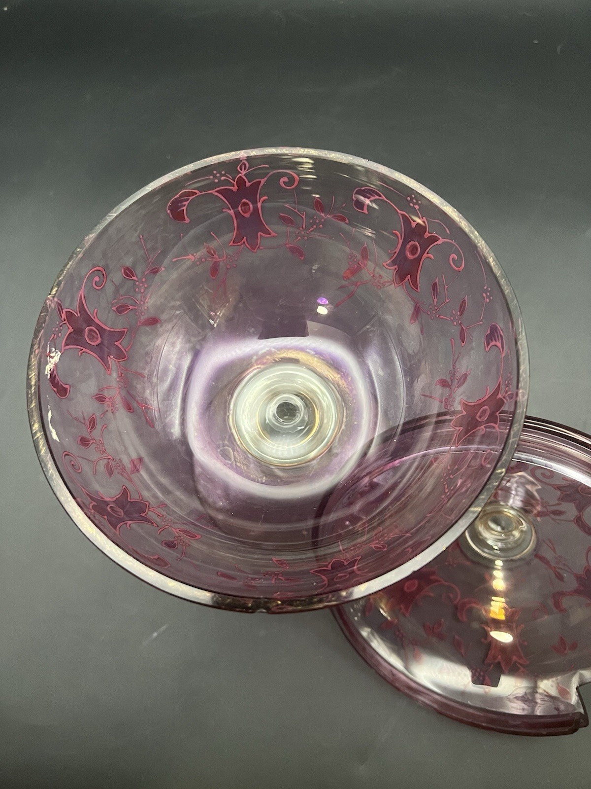 Cranberry Glass Candy Dish Bohemian Czech Lidded Pedestal Gold Details Vintage