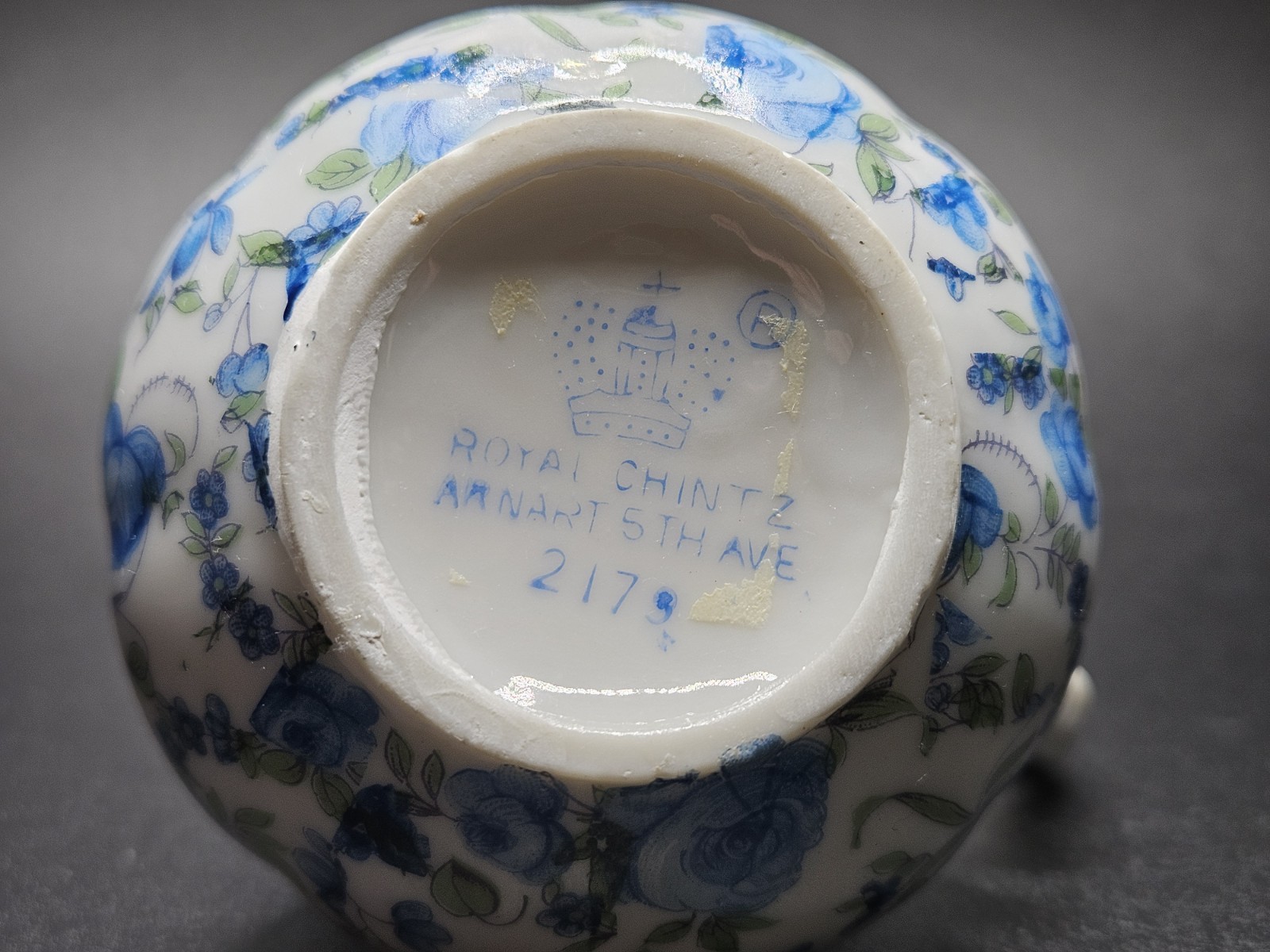 Vintage Royal Chintz Arnart 5th Ave Blue Roses Pitcher Creamer and Saucer #217