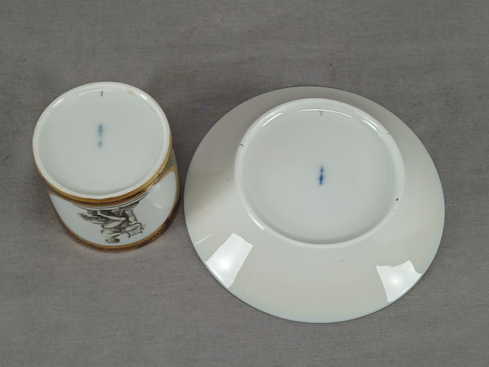 KPM Berlin Hand Painted Neoclassical Figures Cobalt & Gold Cup & Saucer C. 1790