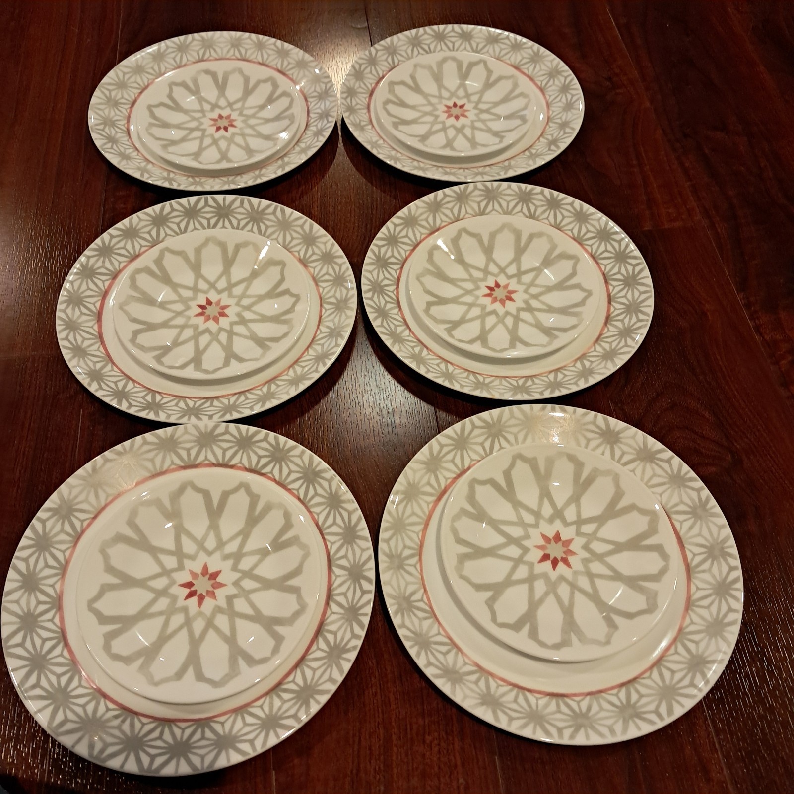 Corelle Service For 6 Amalfi Rose Mediterranean Inspired Grey w/Pink Geometrics