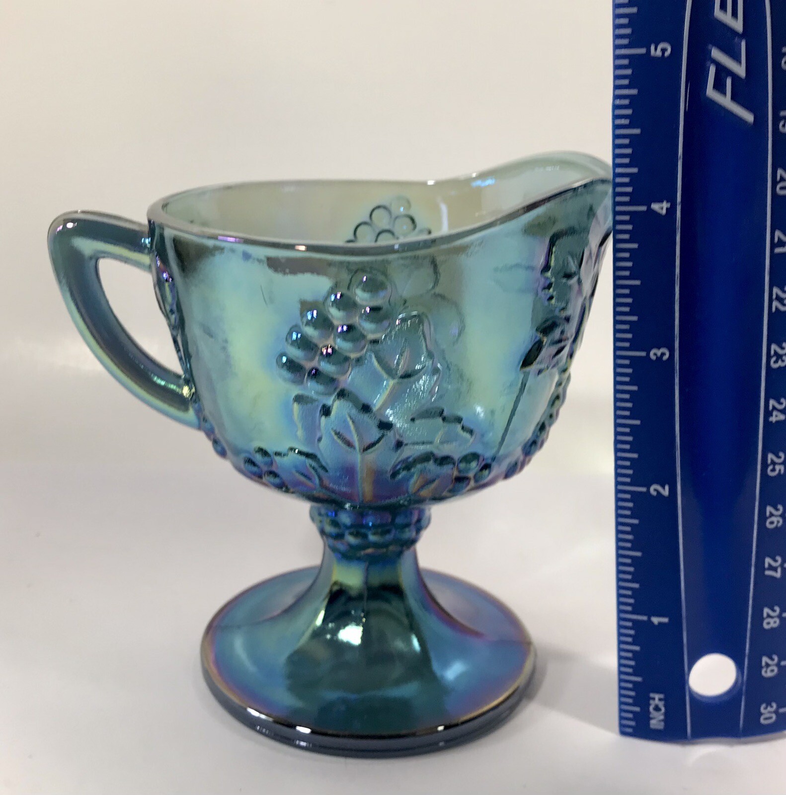 Indiana Carnival Glass Footed Creamer Harvest Grape Blue Pedestal Vintage H16
