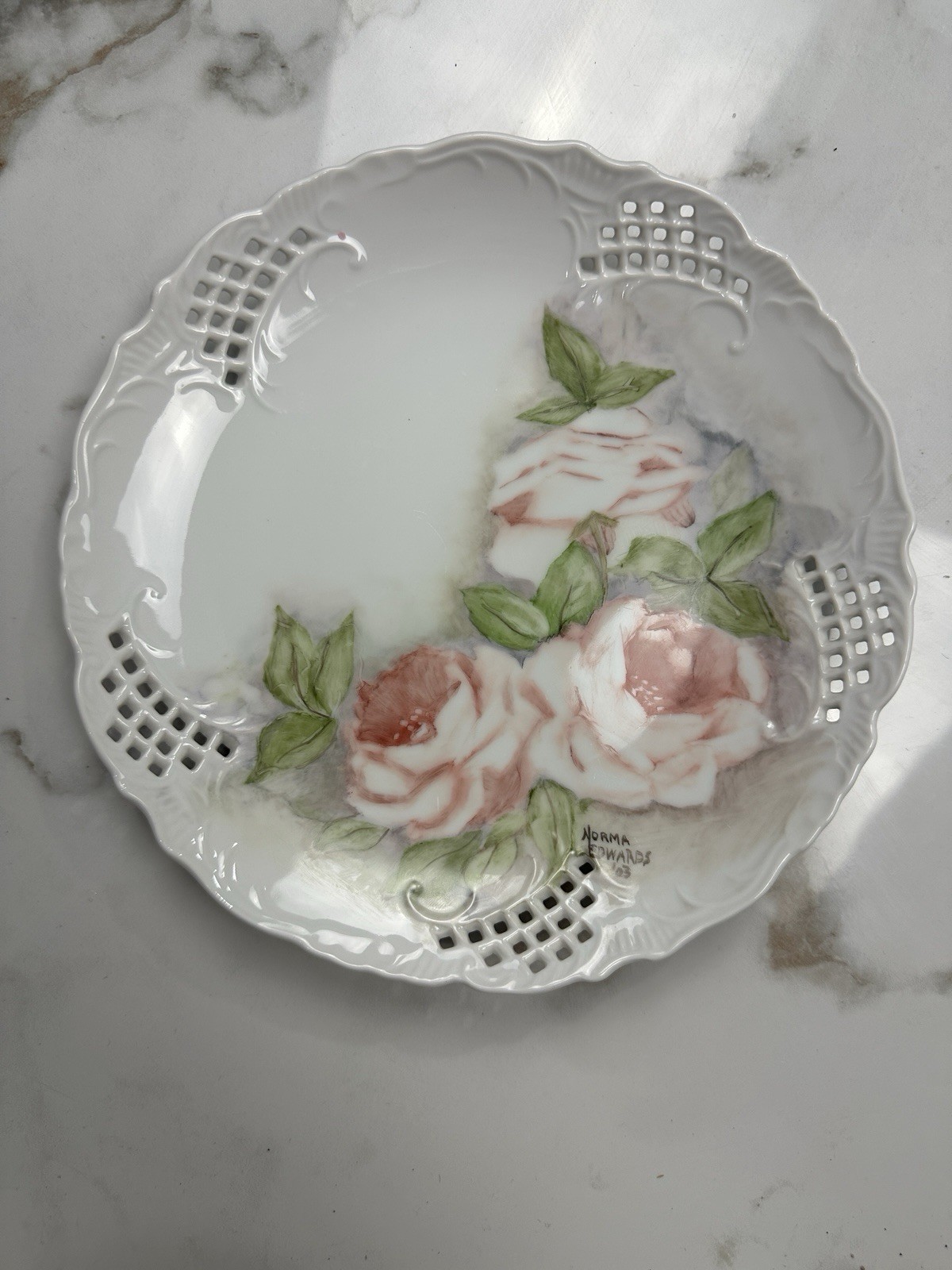 Vintage Decorative Plate Perfored Border Hand Painted Pink Roses 8″