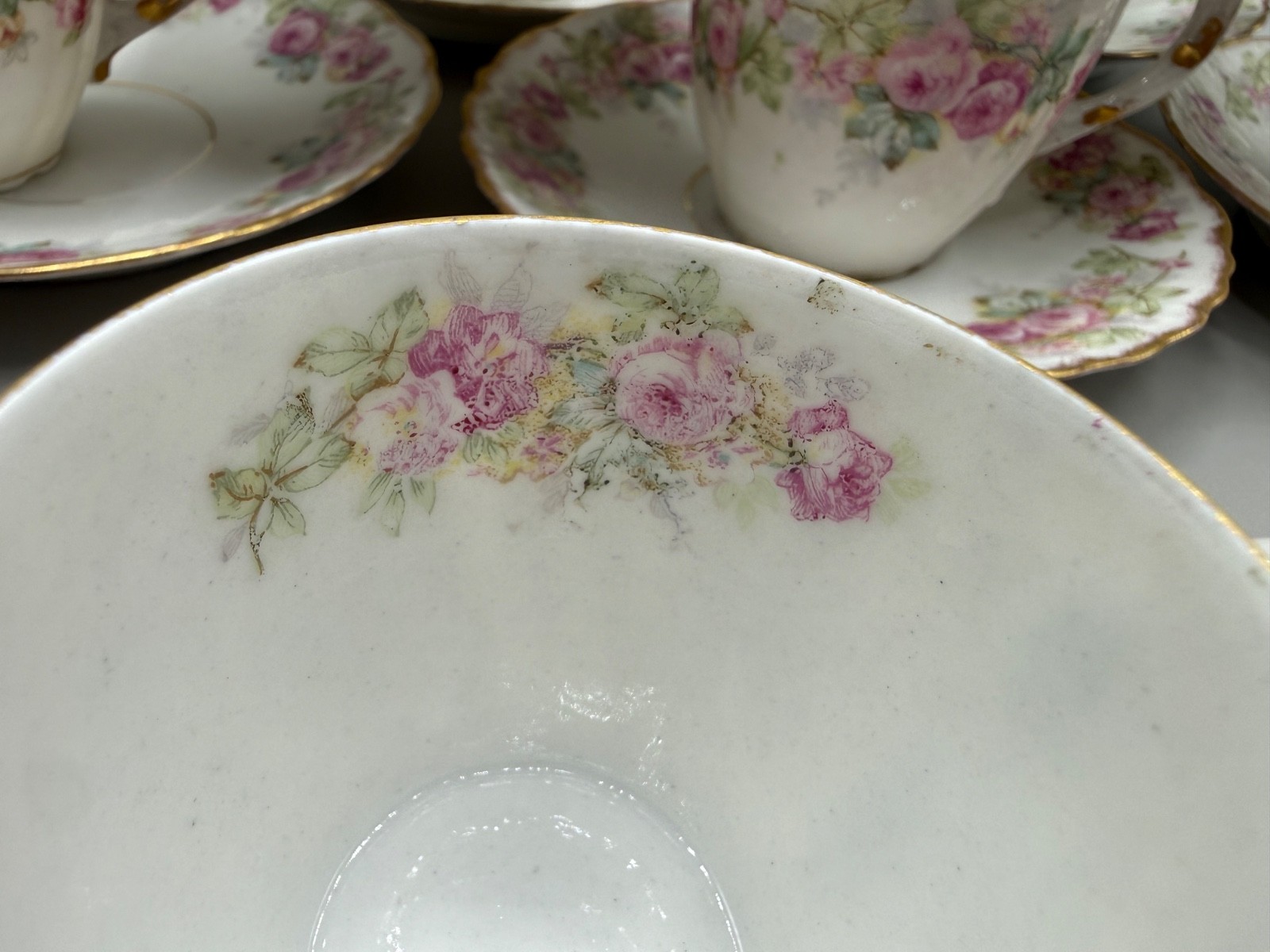 ANTIQUE LIMOGES DEMITASSE SET CUP SAUCER 16PC PINK ROSE FLOWER GARLAND FRANCE