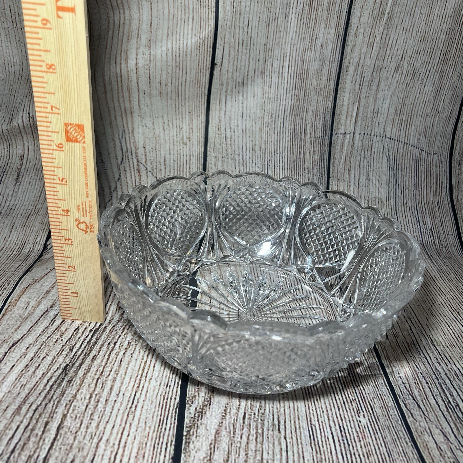 American Brilliant Period Cut Glass Crystal Bowl 9″ Scalloped Intricate ABP