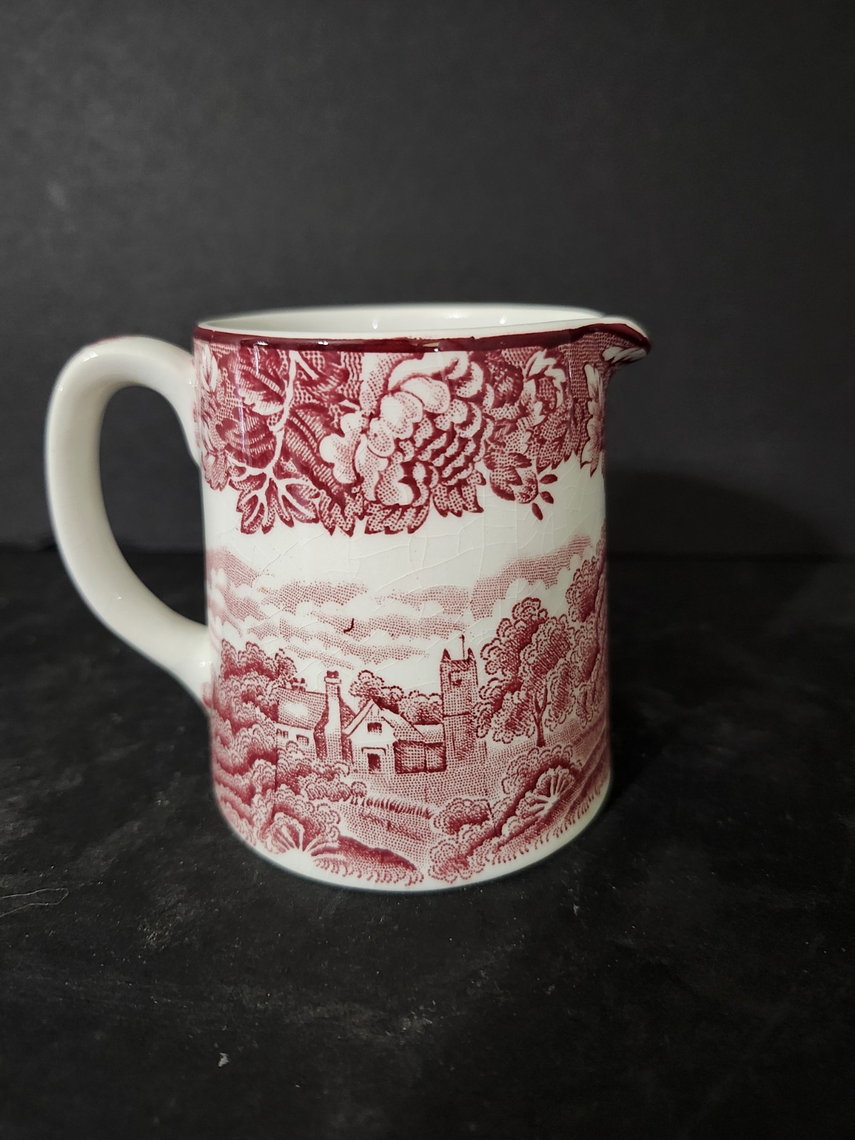 Woods & Sons Farm Scene Red Transferware Pitcher 3″ Tall