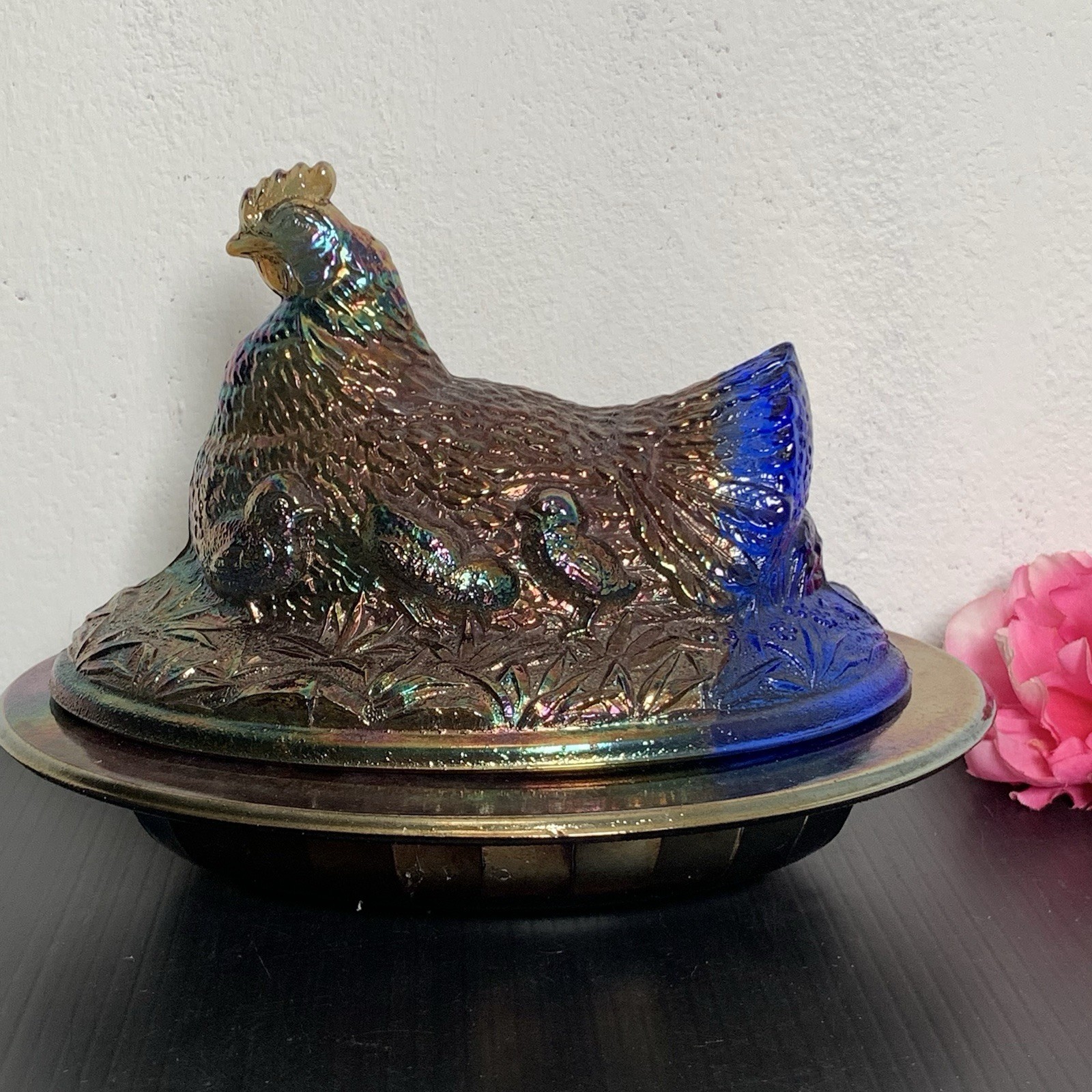Glass Blue Carnival Glass Hen On Nest Covered Dish – Chicken Candy Dish