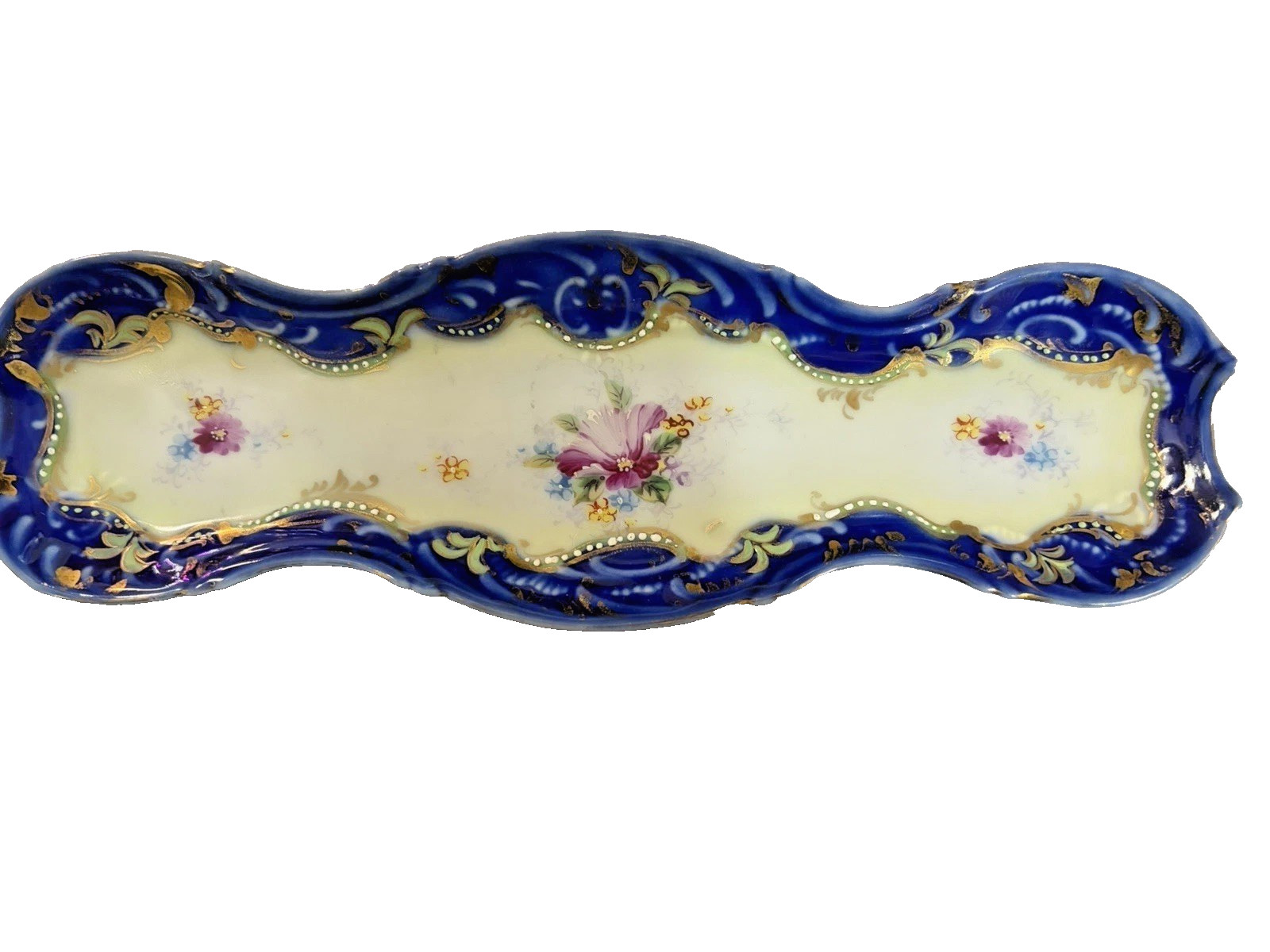Antique Nippon Hand Painted Cobalt Blue Floral Relish Tray Gold 9″ C.1910’s