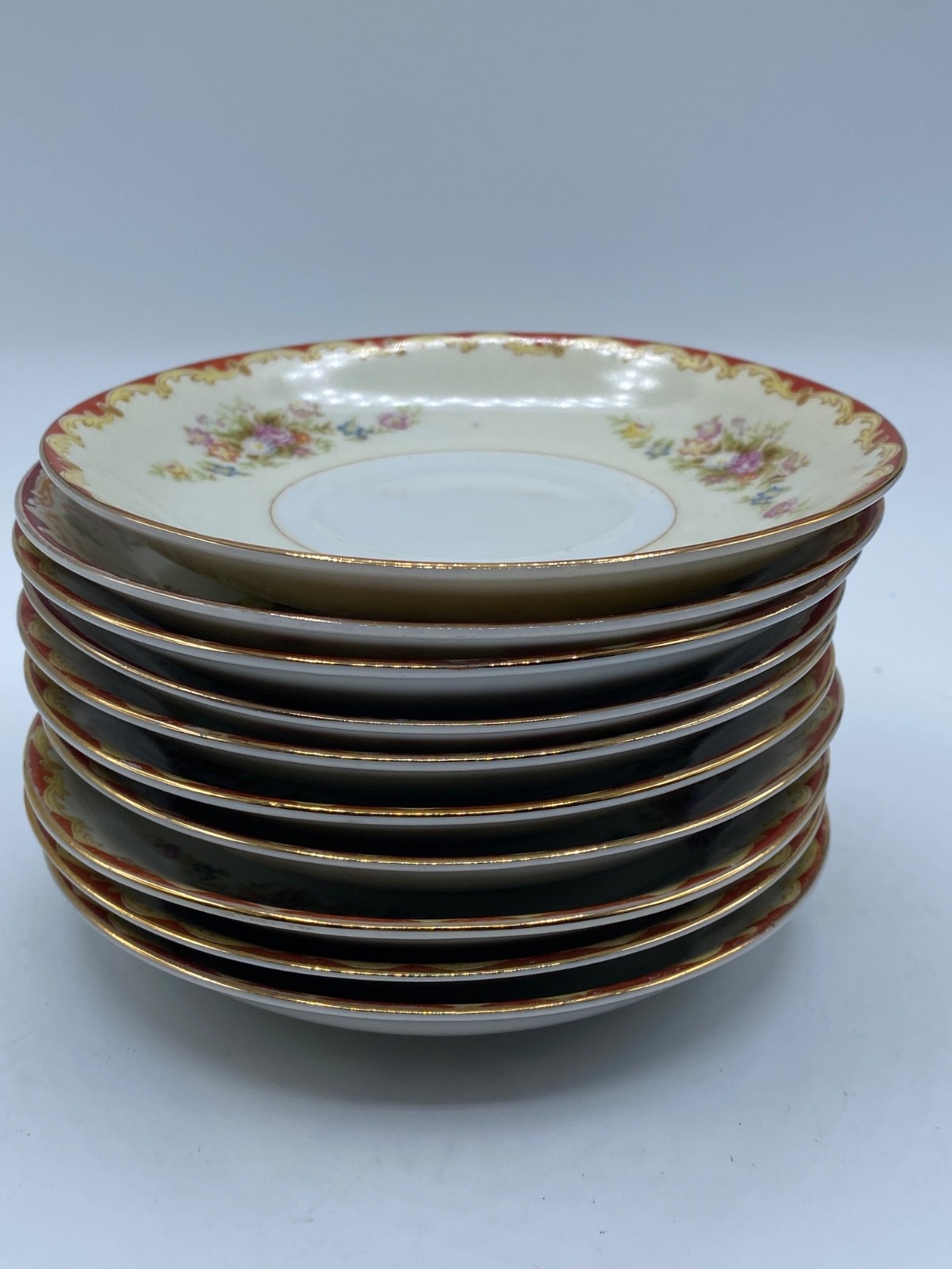 1940’s Set of 10 Saucers Red Traditional Jyoto China made in Occupied Japan 5.5″