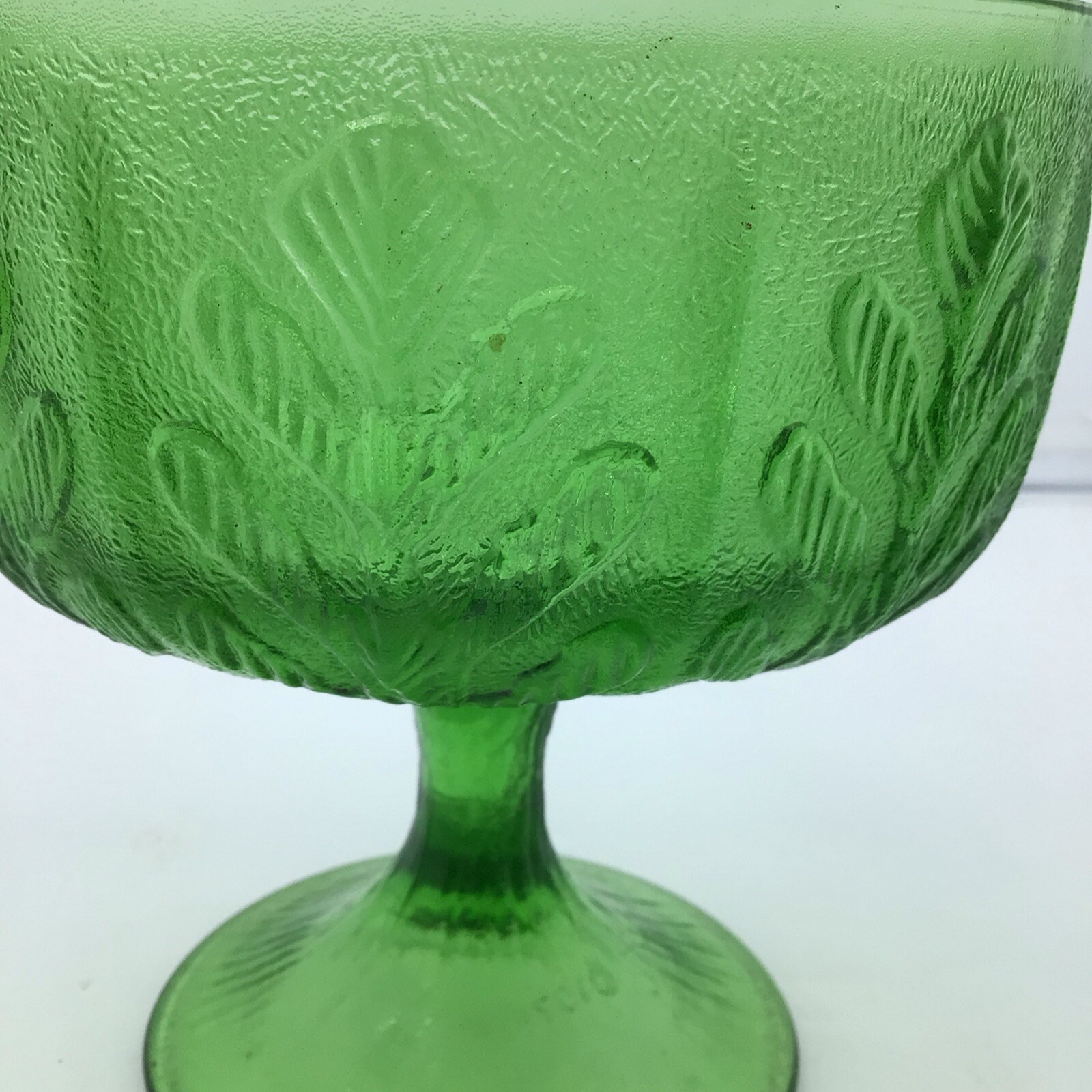 FTD Green Glass Vintage Pedestal Bowl Impressed Oak Leaf Design