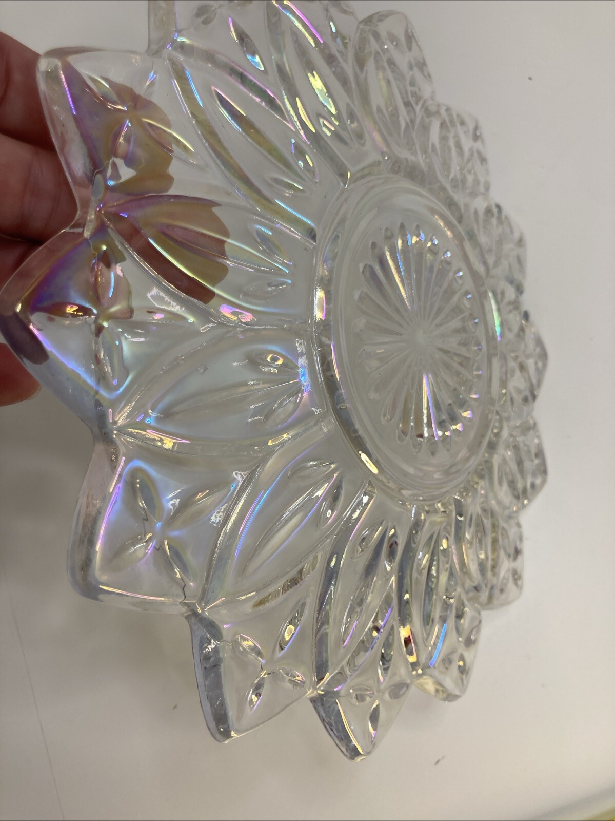 Vtg 1960s Star Flower Petal Federal Clear Iridescent Carnival Glass Plate 9.25″