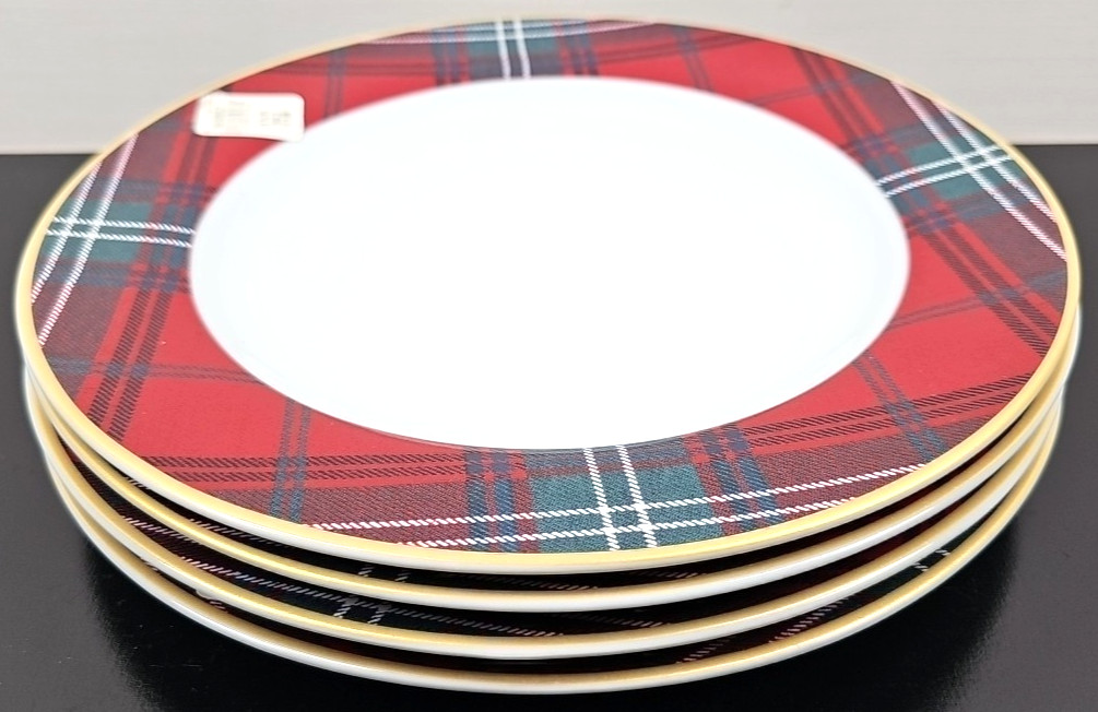 4) Williams Sonoma Gold Banded Tartan Dinner Plates Set Plaid Serving Dishes Lot