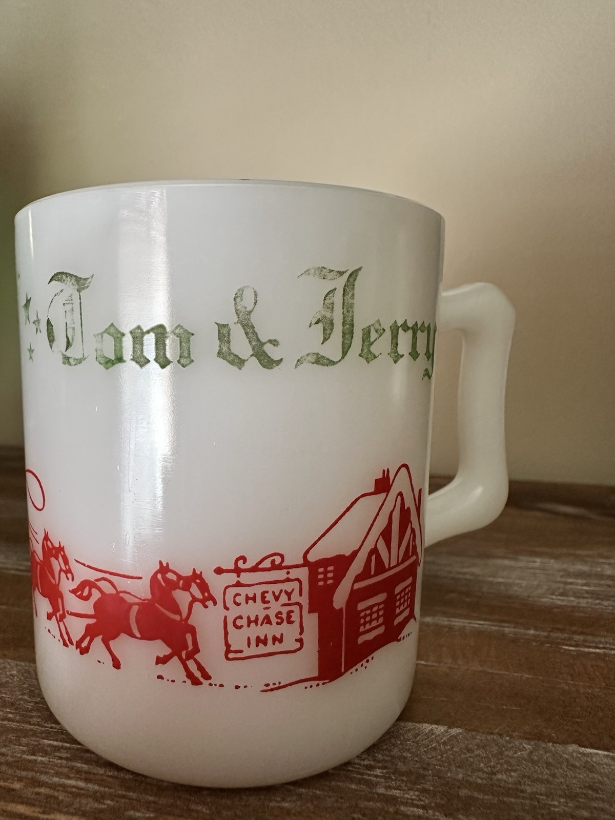 Tom and Jerry Vintage Egg Nog Chevy Chase Inn Milk Glass Hazel Atlas Mug Drink